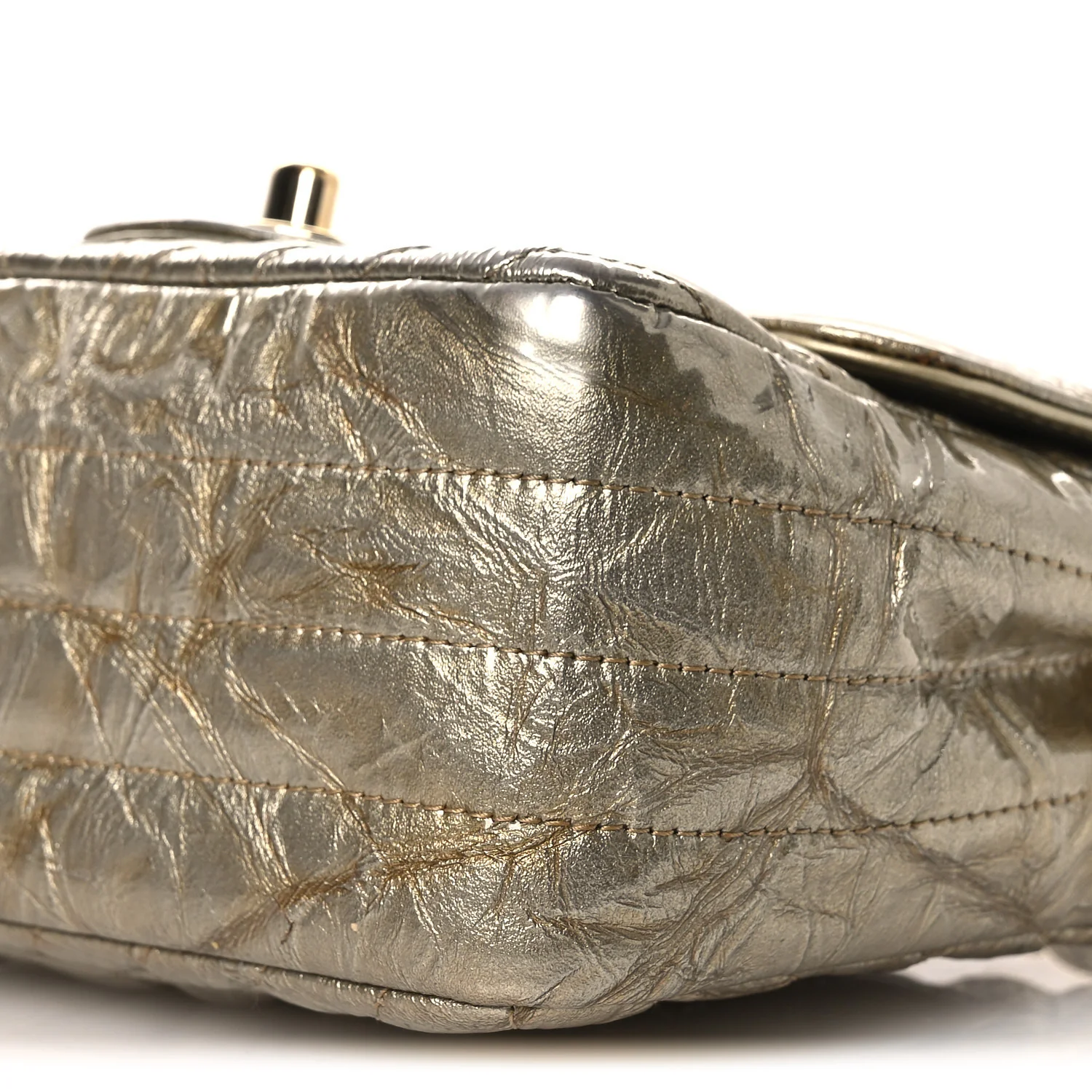 Metallic Crumpled Calfskin Chevron Quilted Mini Square Flap Gold