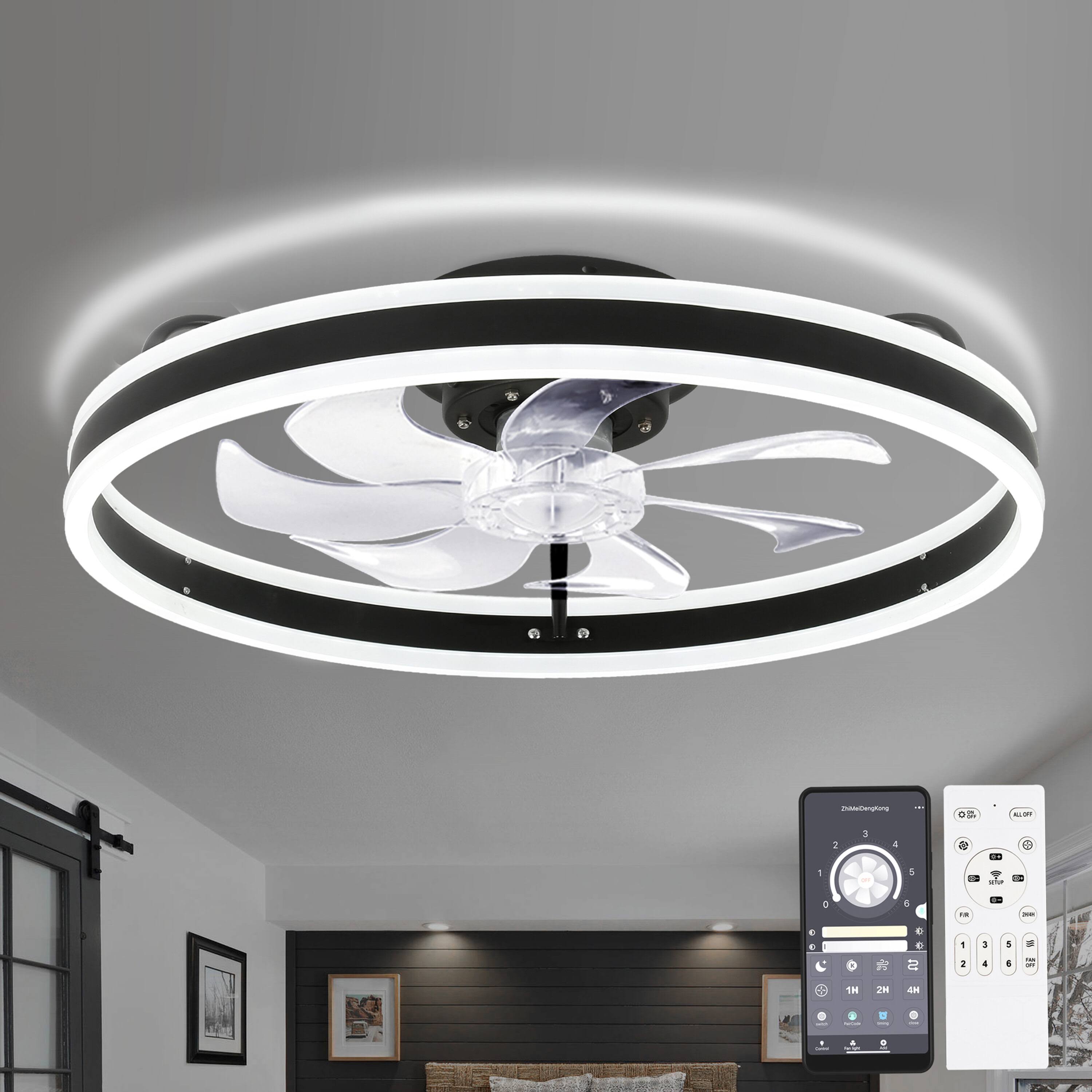 Oaks Aura DC2002 20in. LED Indoor Black Bladeless Low Profile Ceiling Fan Flush Mount Smart App Remote Control Dimmable Lighting