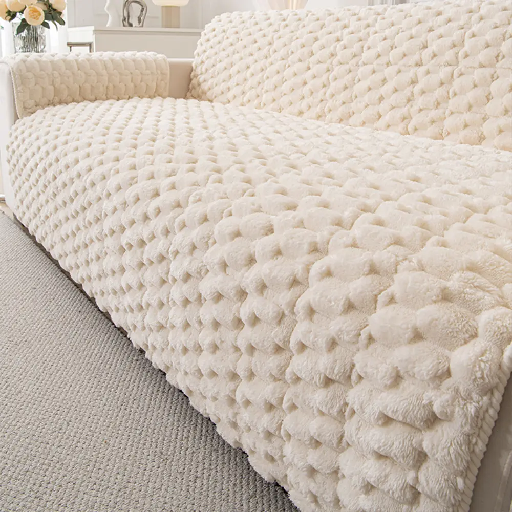 Fuzzy Bubble Plush One-Piece Pet-Friendly Sofa Protection Non-Slip Couch Cover