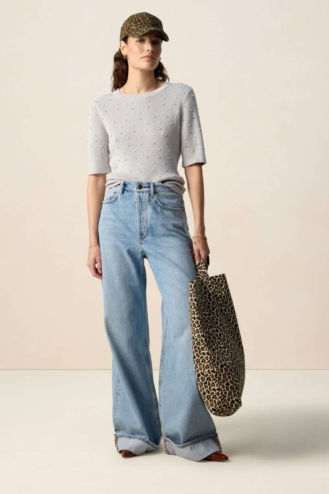 Bruine canvas shopper met leopard print
