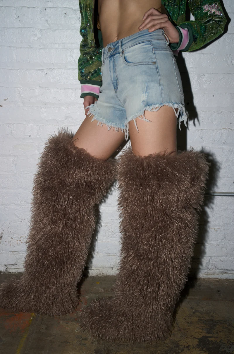 AZALEA WANG TEMPLETON TAUPE FAUX POODLE FUR OVER THE KNEE BOOT - Akira Store