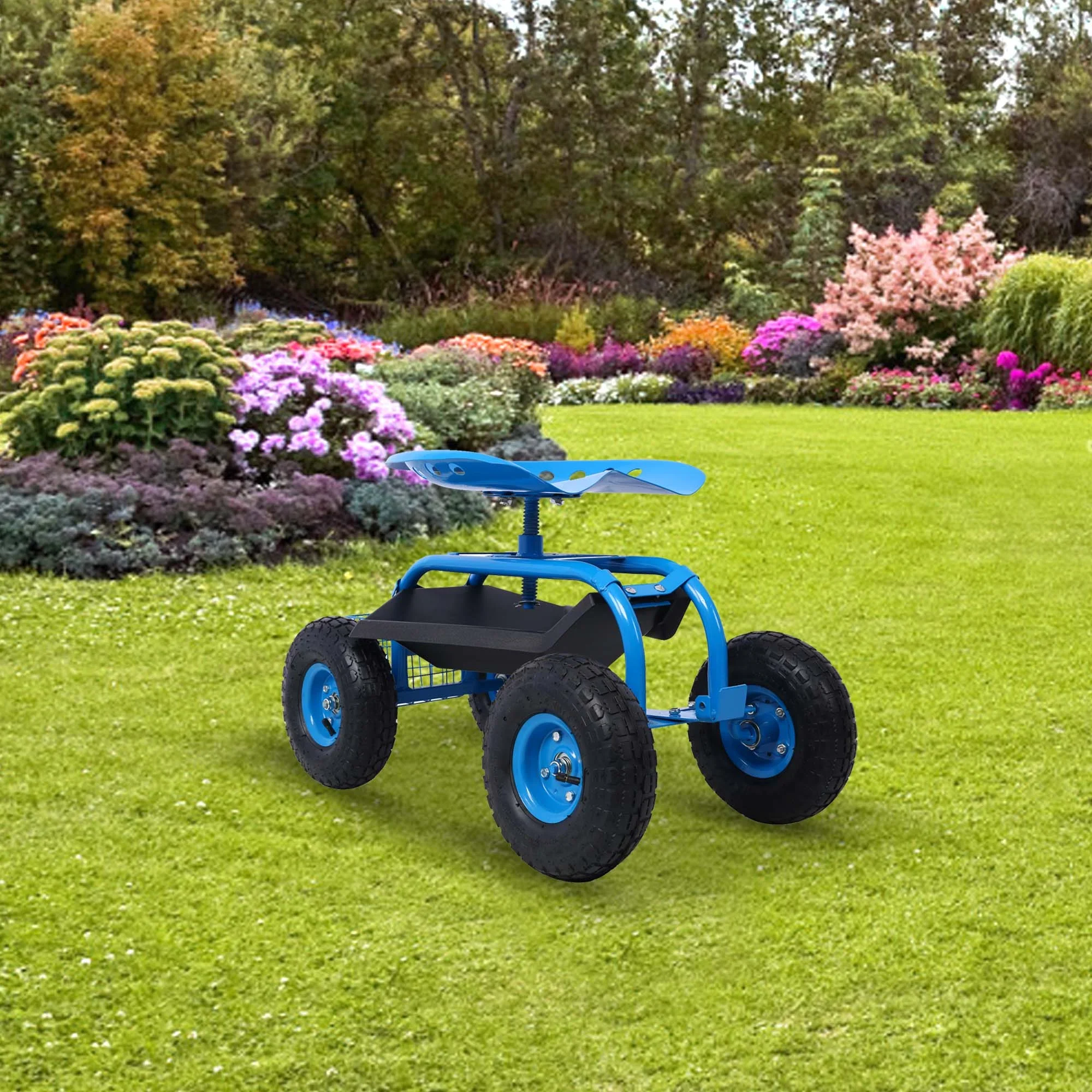 Aukfa Rolling Garden Cart Scooter with Swivel Seat, Wheels, and Tool Tray - Red