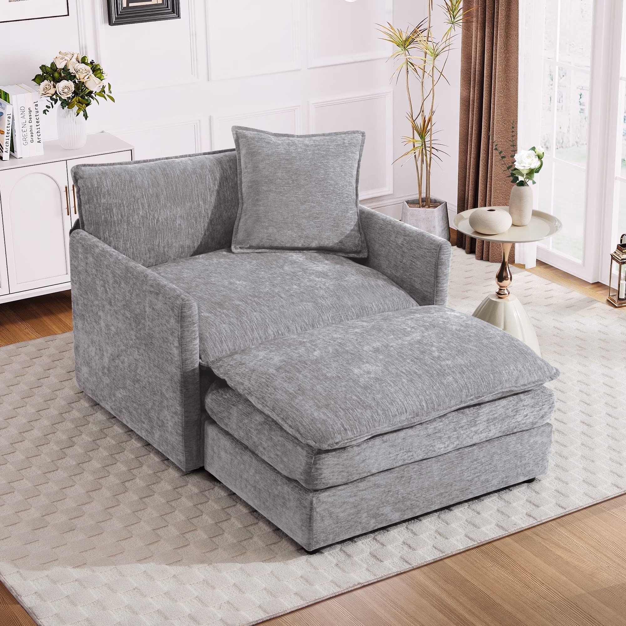 Oversized Lounge Chair with Ottoman, Cloud Accent Armchair for Living Room, Beige Chenille(Beige Chenille) - Image 9