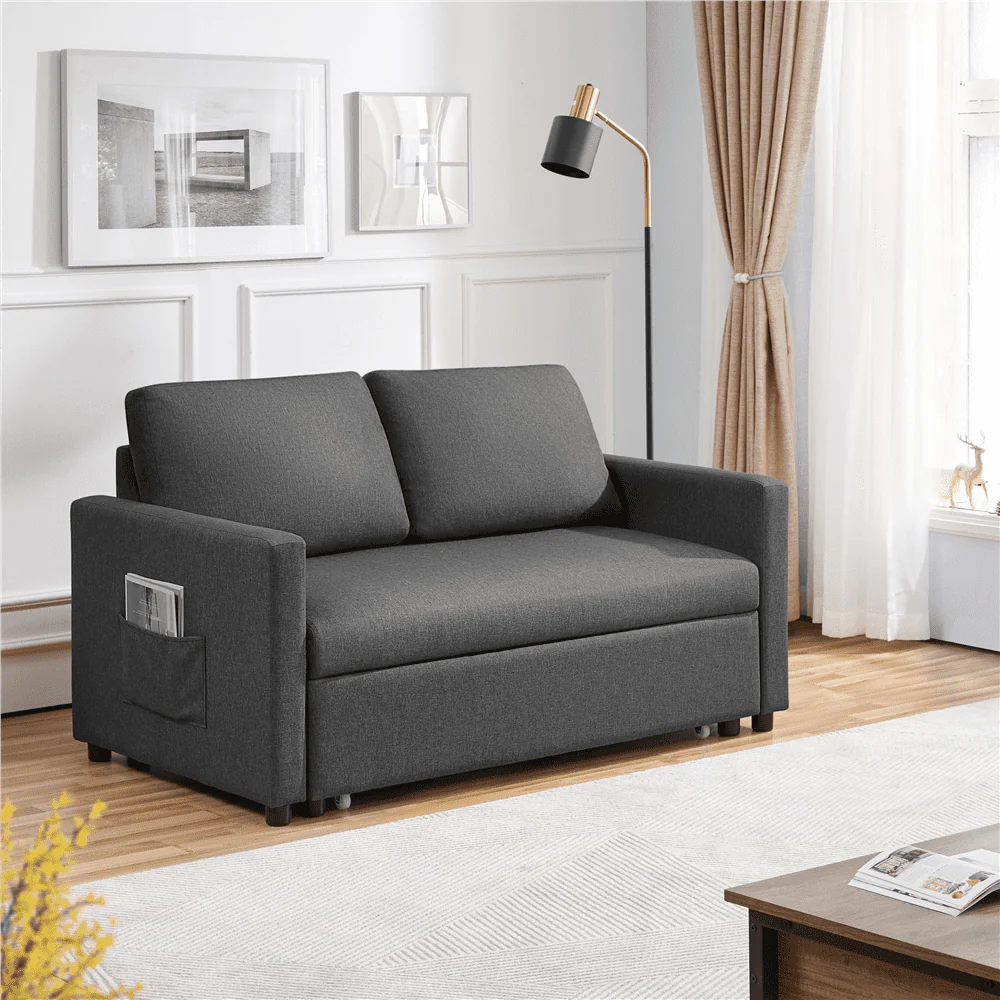 Alden Design Linen Loveseat Sofa with Pull-Out Trundle Bed, Dark Gray Alden Design Linen Loveseat Sofa with Pull-Out Trundle Bed, Dark Gray