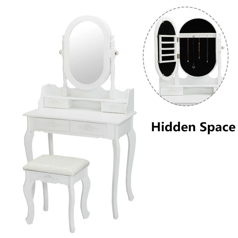 Vanity Jewelry Wooden Makeup Dressing Table Set W/Stool Mirror Cabinet 4 Drawer