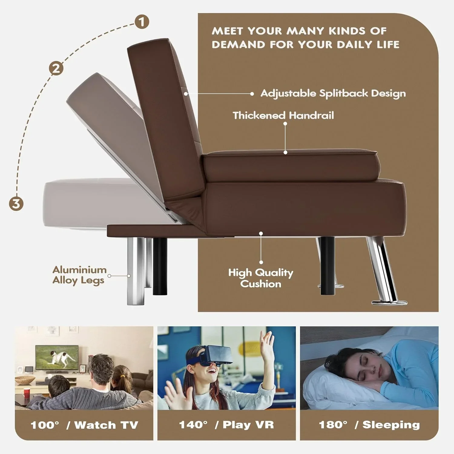 Canapé-lit futon Homall en cuir avec accoudoirs et fauteuil inclinable réglable
