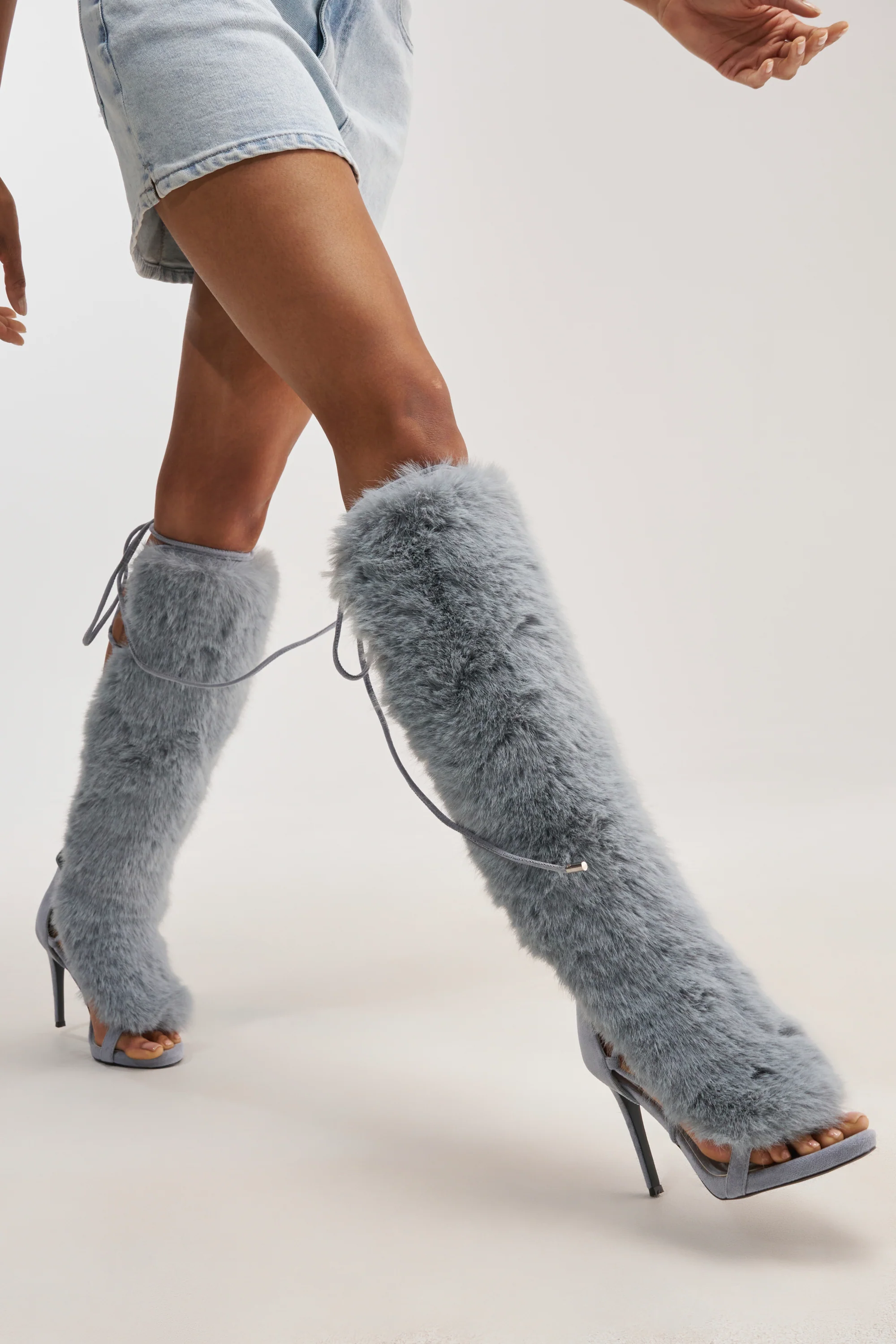 AZALEA WANG STAMOS DUSTY BLUE STILETTO SANDAL WITH FUR - Akira Store