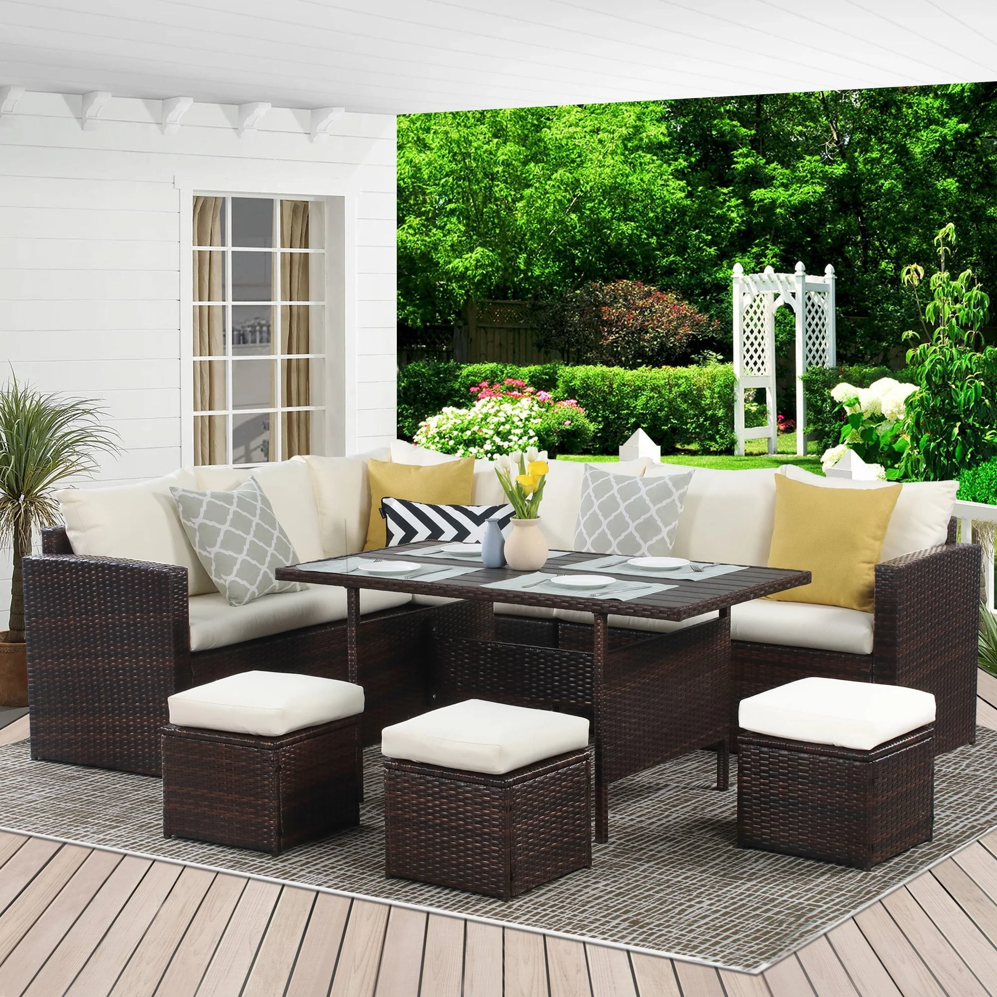 7 Pcs Outdoor Wicker Dining Set Patio Sectional Conversation Set with Table,Steel Frame,Ivory(Blue) Image 2