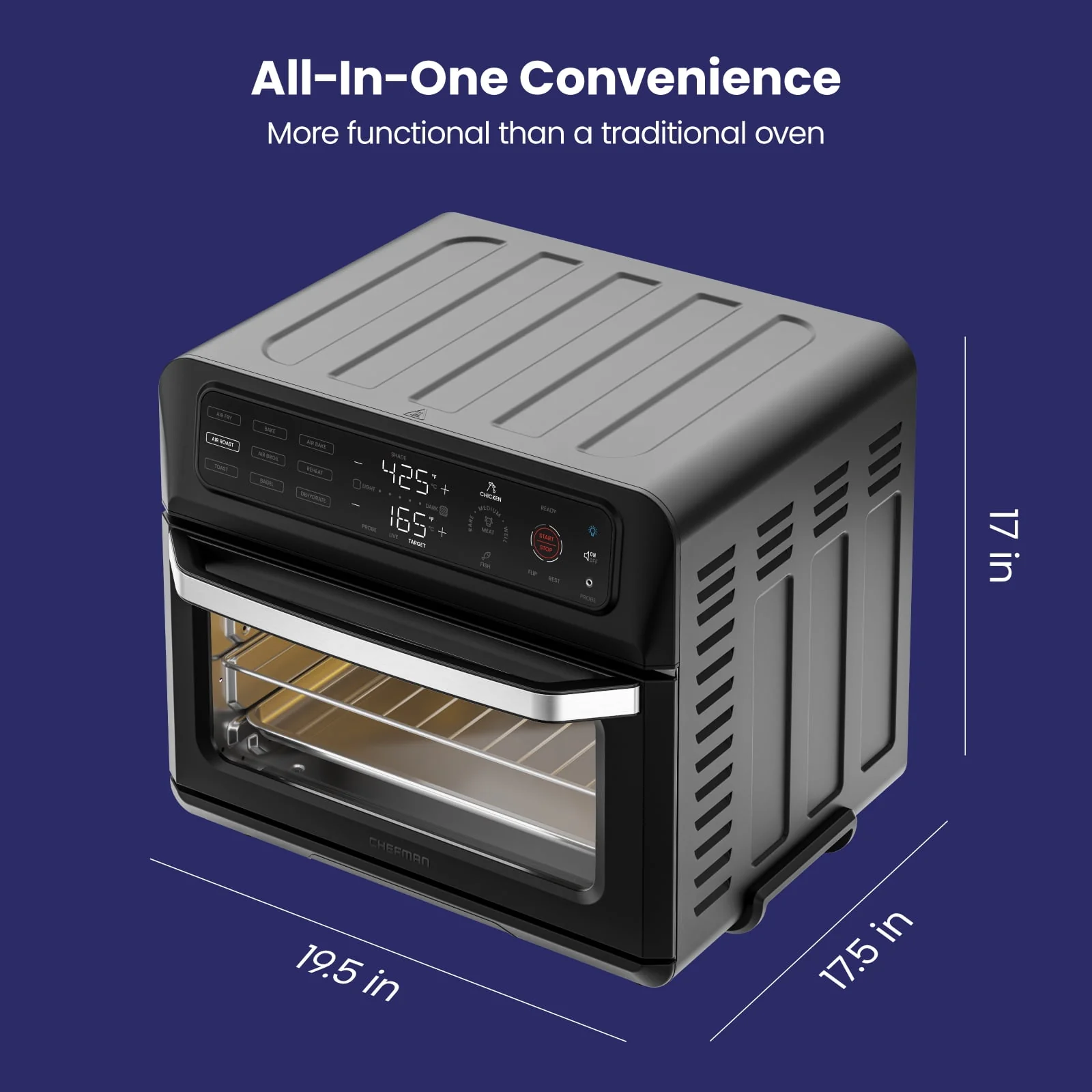 Chefman 12 - in - 1 Air Fryer Oven Combo W/ Probe Thermometer, 20 Qt Capacity, Black Stainless Steel