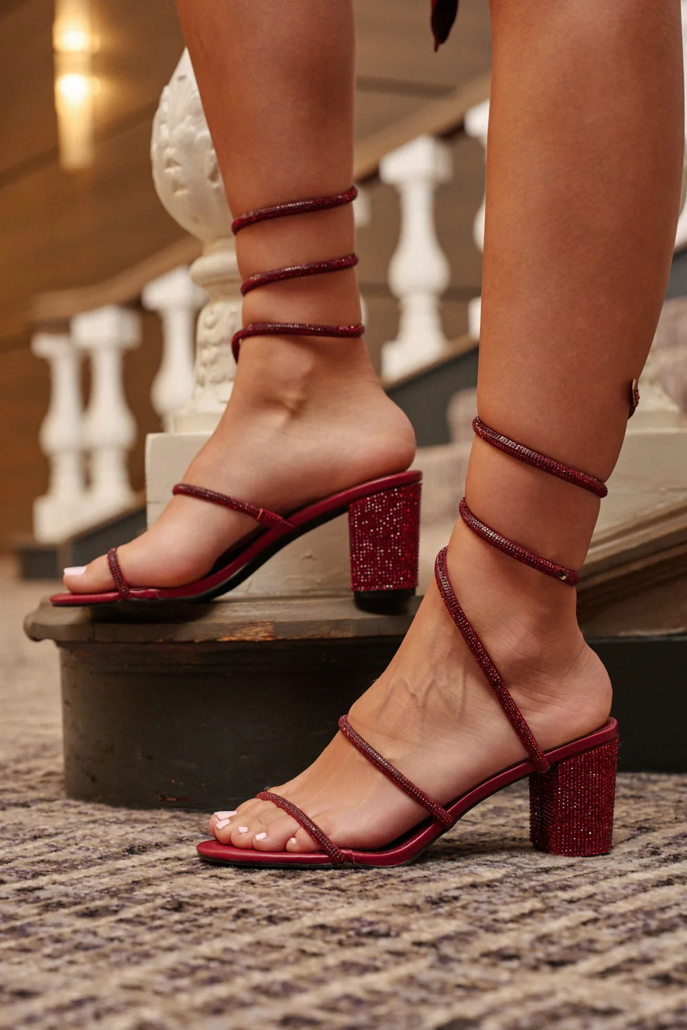 AKIRA SOLEDAD BURGUNDY RHINESTONE COIL SANDAL - Akira Store