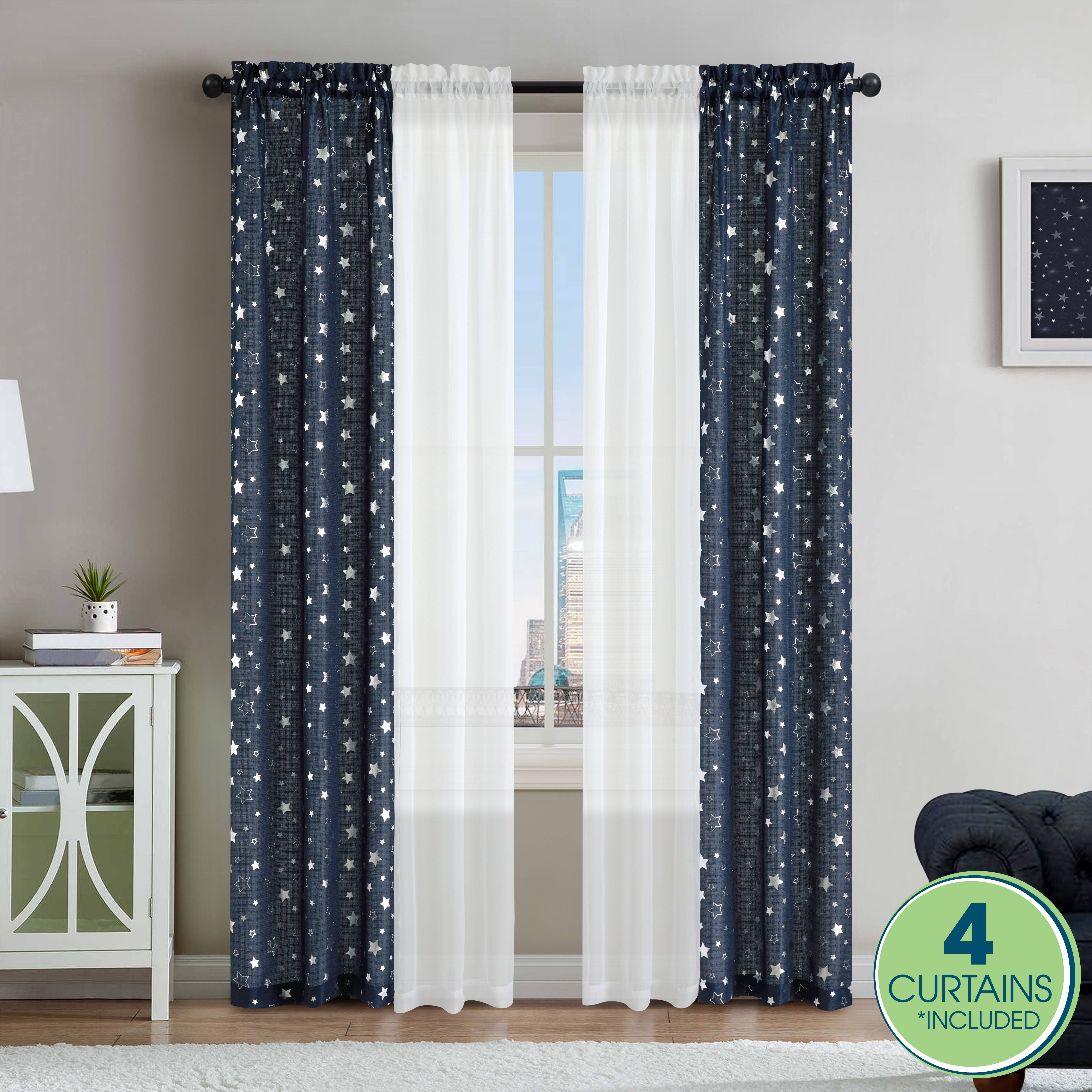 Your Zone 4 Piece Curtain Panel Set, 27.5 inch x 84 inch Inches Panels, Foil Stars Navy