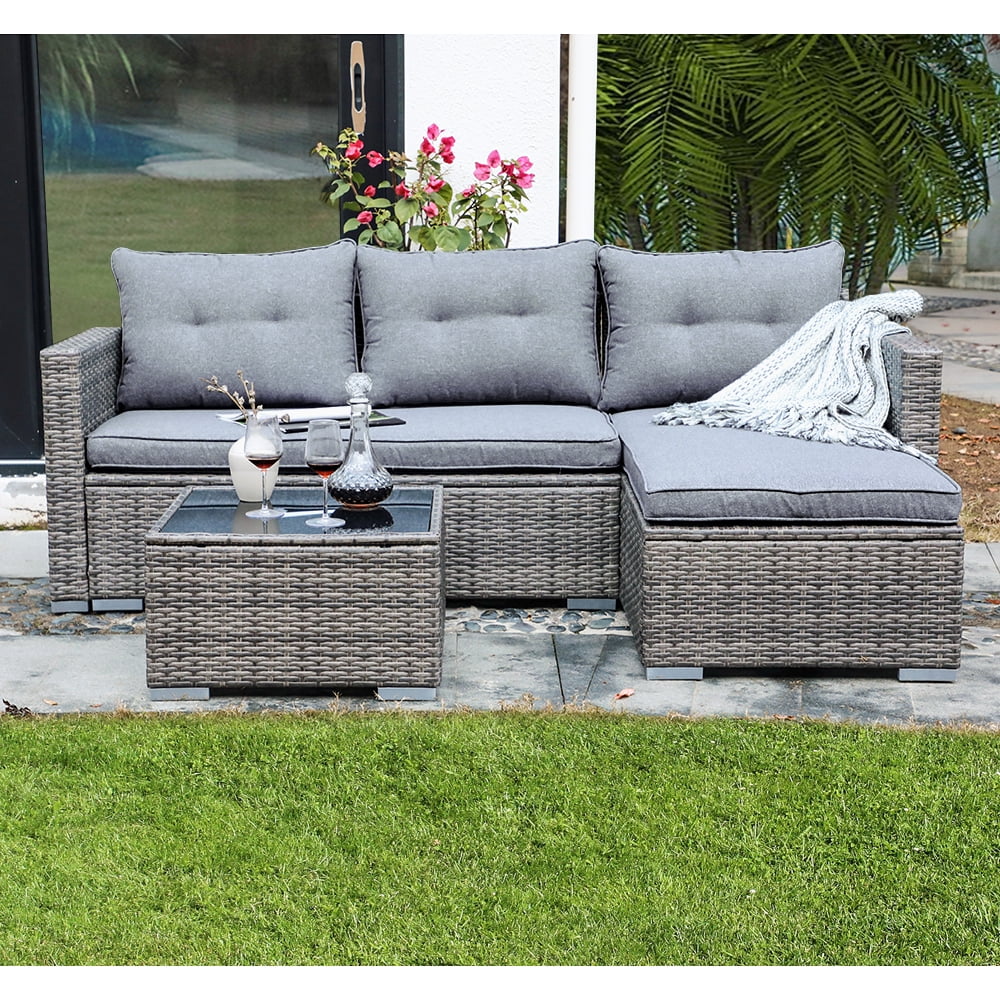 3 Pieces Patio Conversation Set, PE Wicker Rattan Outdoor Furniture Set, 2 Ways Small Sectional Sofa, Tempered Glass Coffee Table, Silver-Gray(Silver-Gray) - Image 8