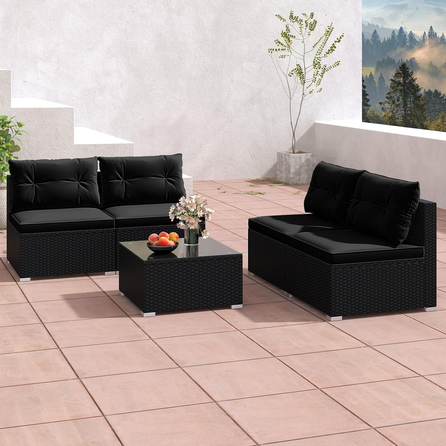 5-Piece Dark Rattan Patio Furniture Set, Outdoor Sofa with Glass Coffee Table