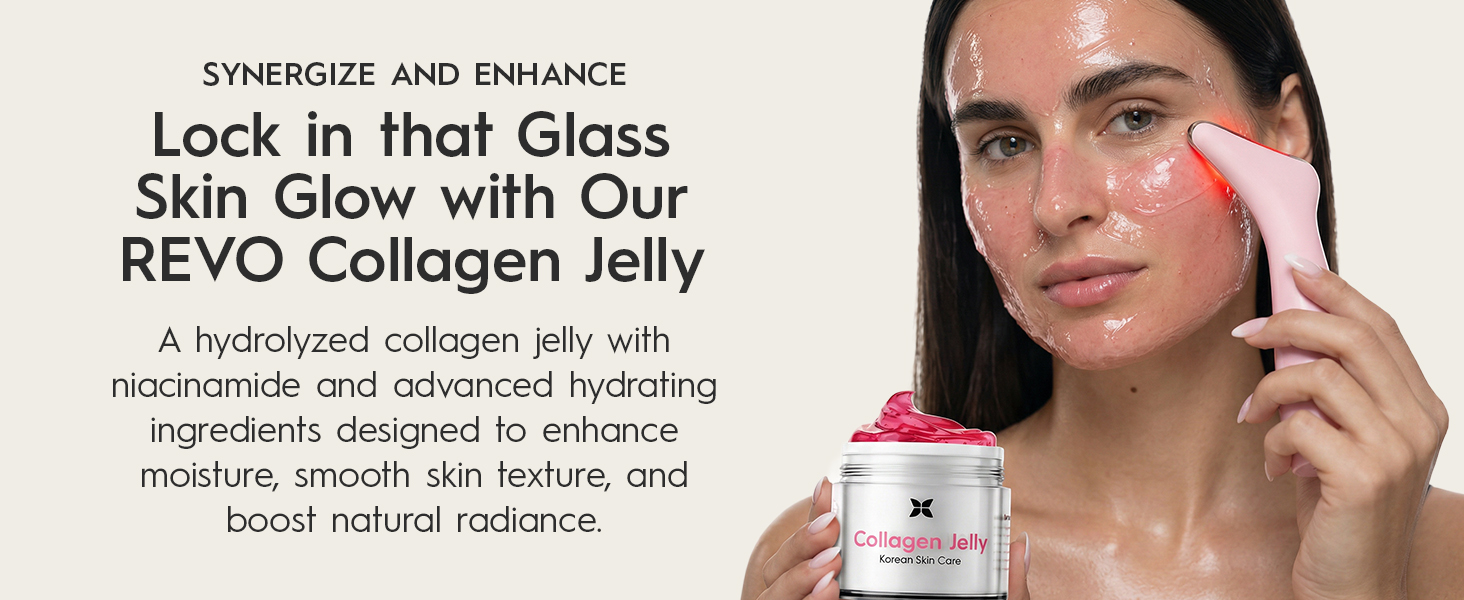 Masażer do twarzy można stosować w połączeniu z kremem Revo Collagen Jelly Cream, aby zmaksymalizować efekty
