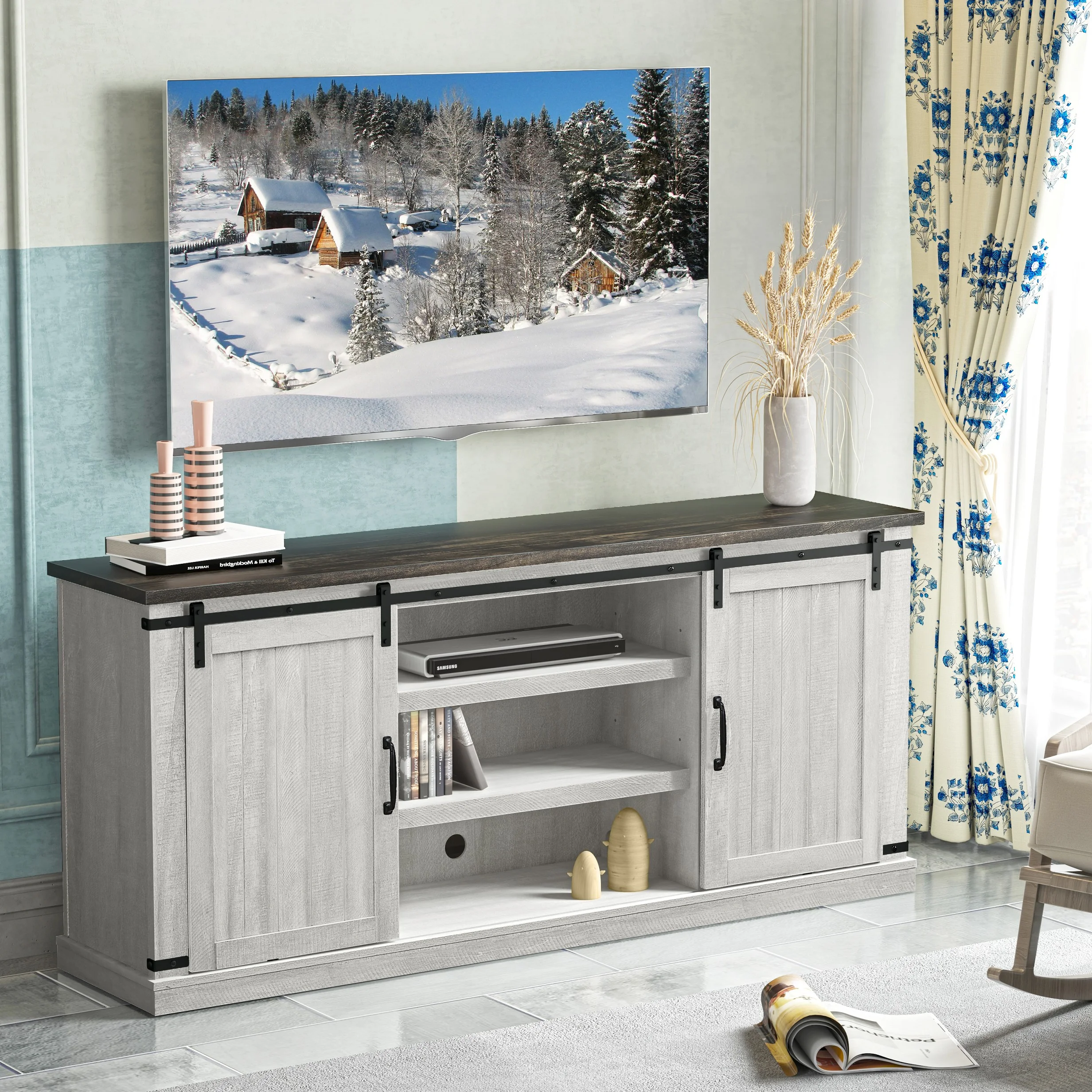Farmhouse TV Stand for 75" TV, Entertainment Center, Sliding Barn Door TV Stand, 68 inch TV Console Table, Home Living Room Media Console with Adjustable Shelf Off White(Off White) - Image 2