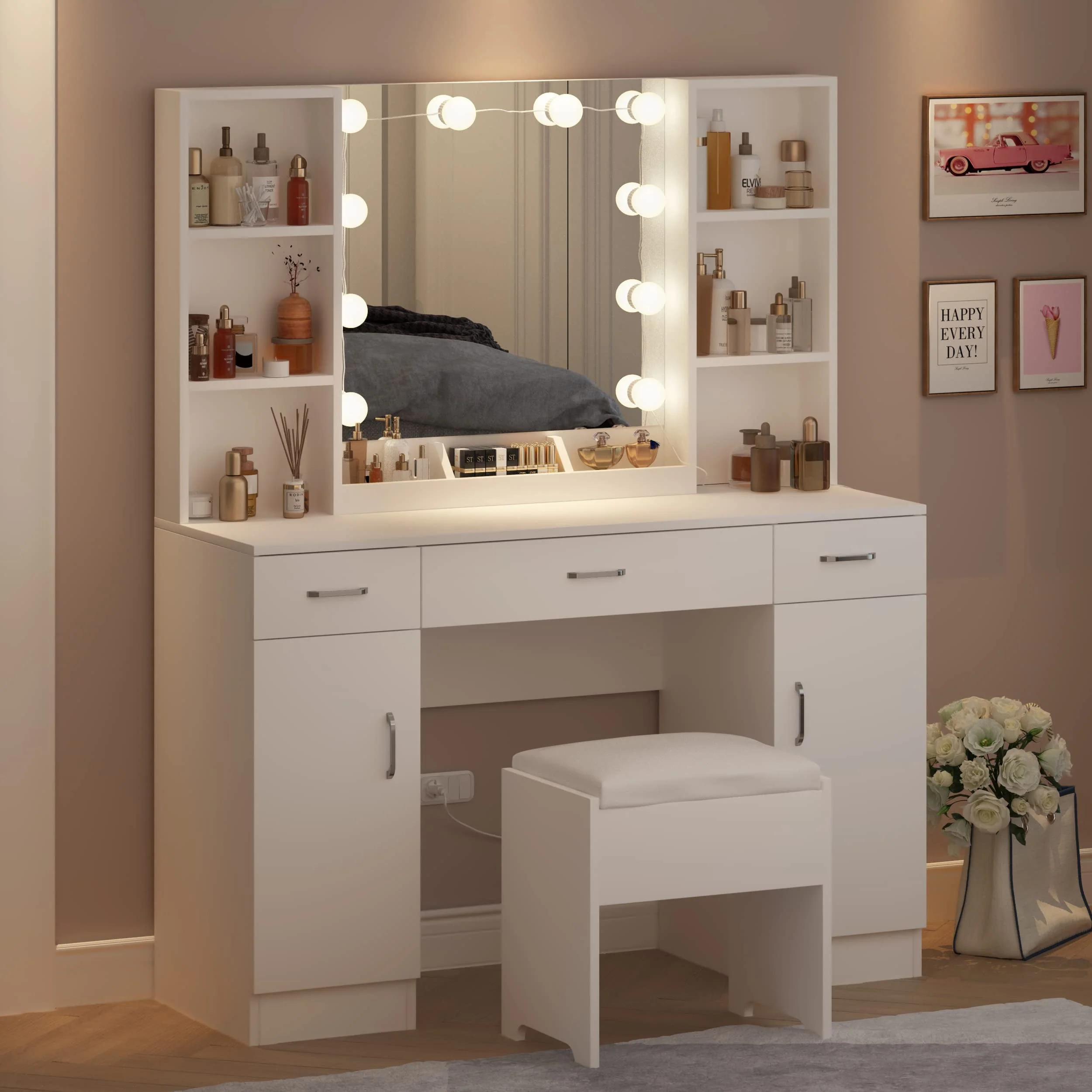 Large Makeup Vanity Set with Lights, White Bedroom Makeup Vanity Table with Storage, 3 Adjustable Lighting Colors, Modern, 45.2in(Black) - Image 3