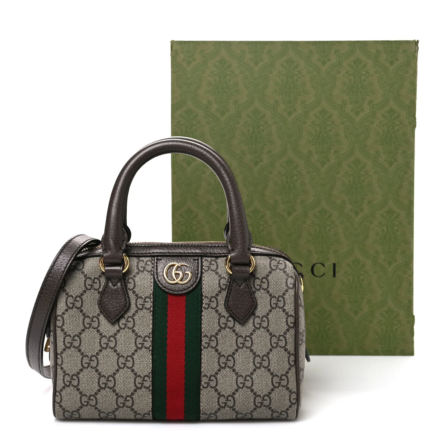 GG Supreme Monogram Textured Dollar Calfskin Web Mini Ophidia Top Handle Bag Beige Ebony New Acero