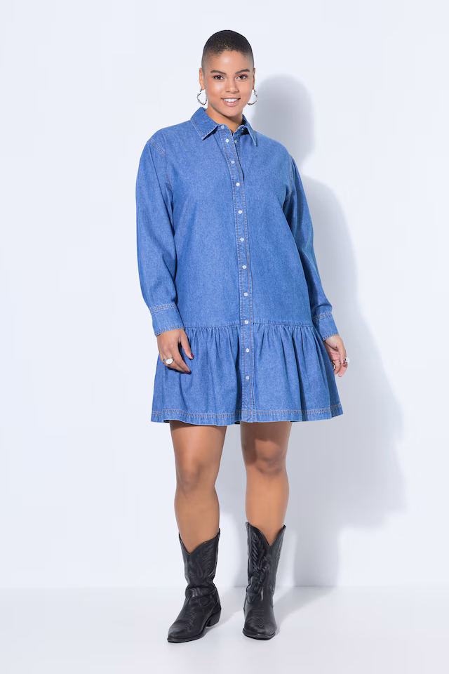 Flounce Hem Long Sleeve Denim Dress