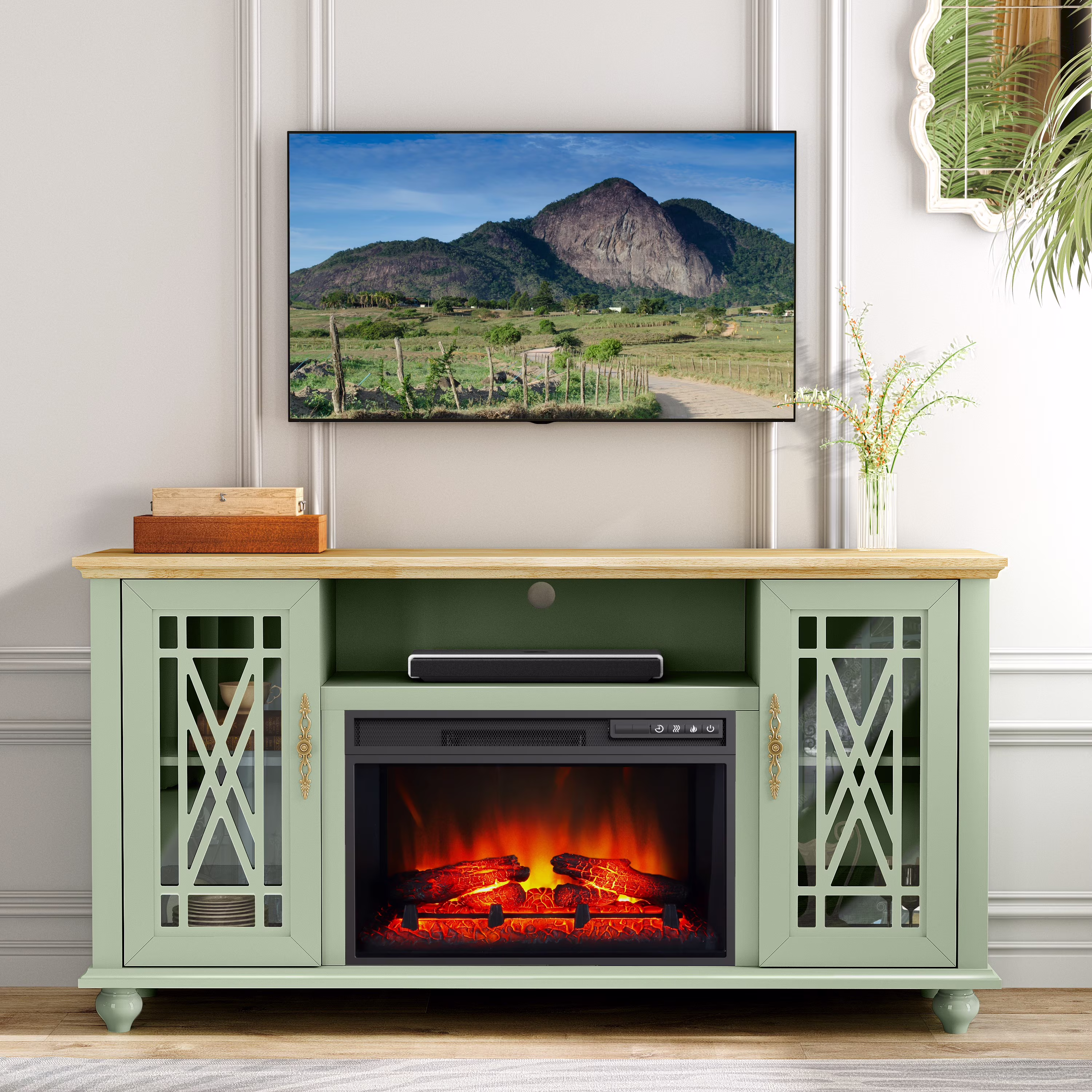 Elegant 61" TV Stand with Fireplace Green(Green)