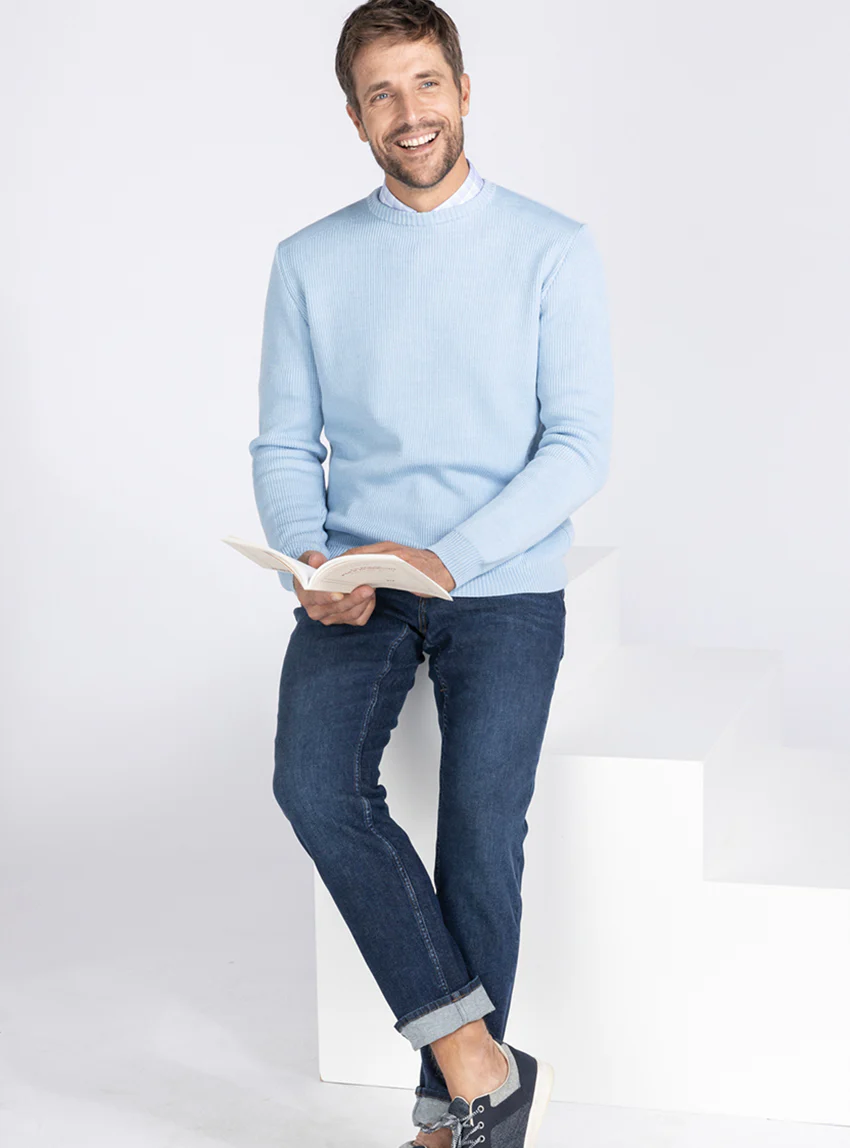 Pull col rond homme en laine bleu ciel