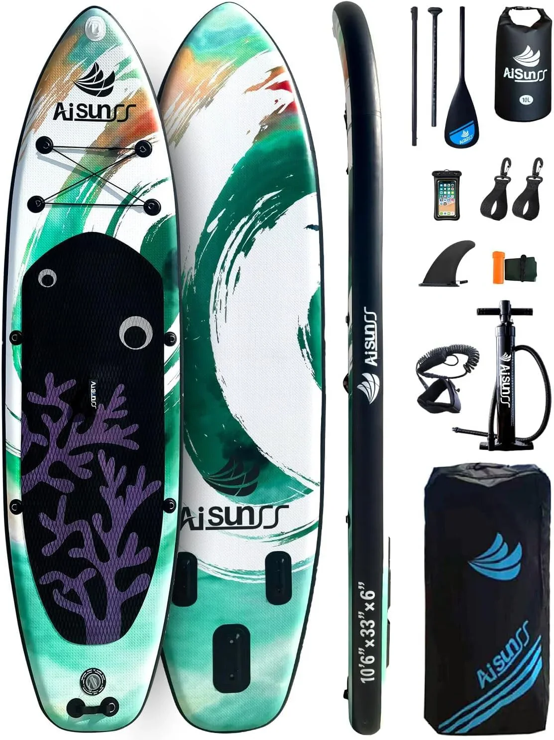 Planche de SUP gonflable large avec sac de transport, pompe à main et sac étanche de 10 L