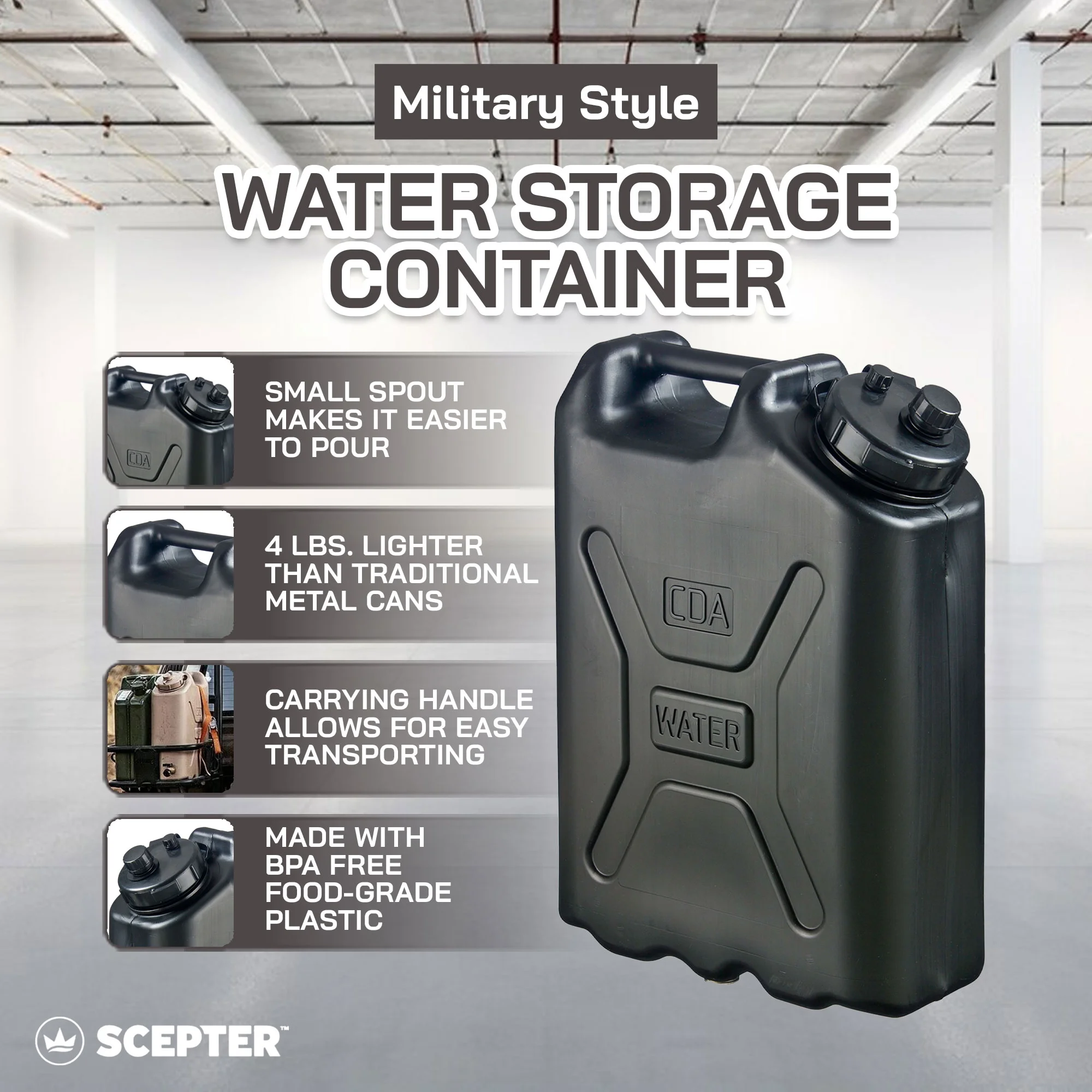 5 Gallon Heavy Duty Military Style Water Container, (4 Pack), Black Image 4