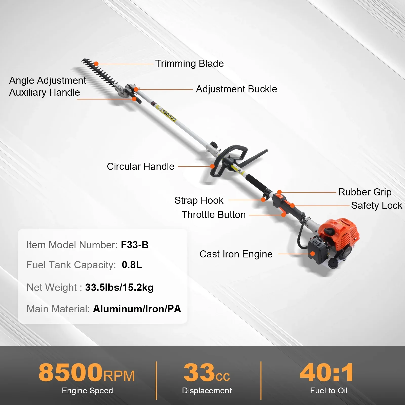 KFFKFF 26CC 5-in-1 Versatile Gardening Tools, Gas-Powered Hedge Trimmer, Grass Cutter, Line Trimmer, Edger, and Pole Saw with Extendable Shaft