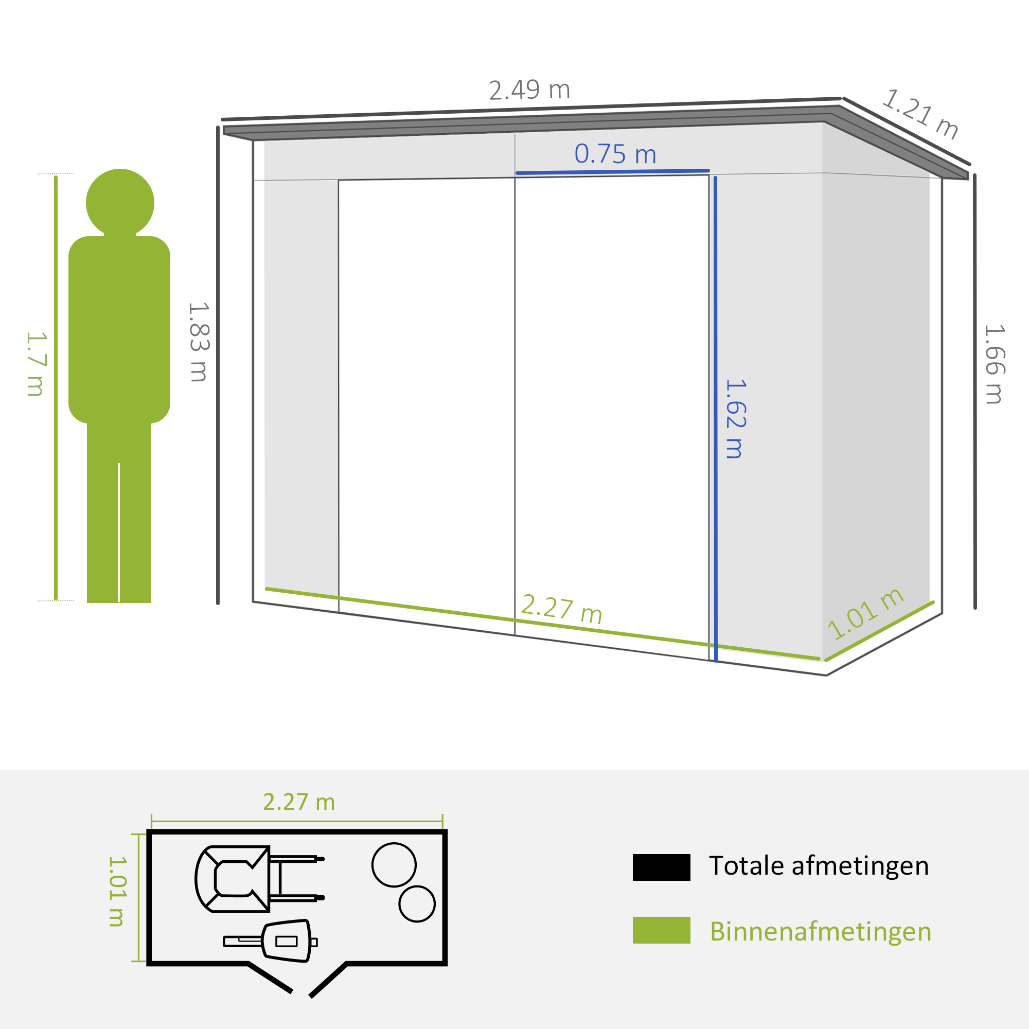 Outsunny Stalen tuinschuurtje, Geräteschuppen, Dubbele Deuren, 249B x 121D x 166/183H cm, Grijs