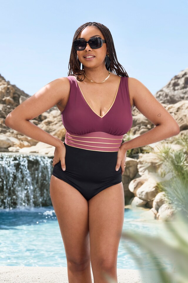Gold Piping One Piece Colorblock Swimsuit