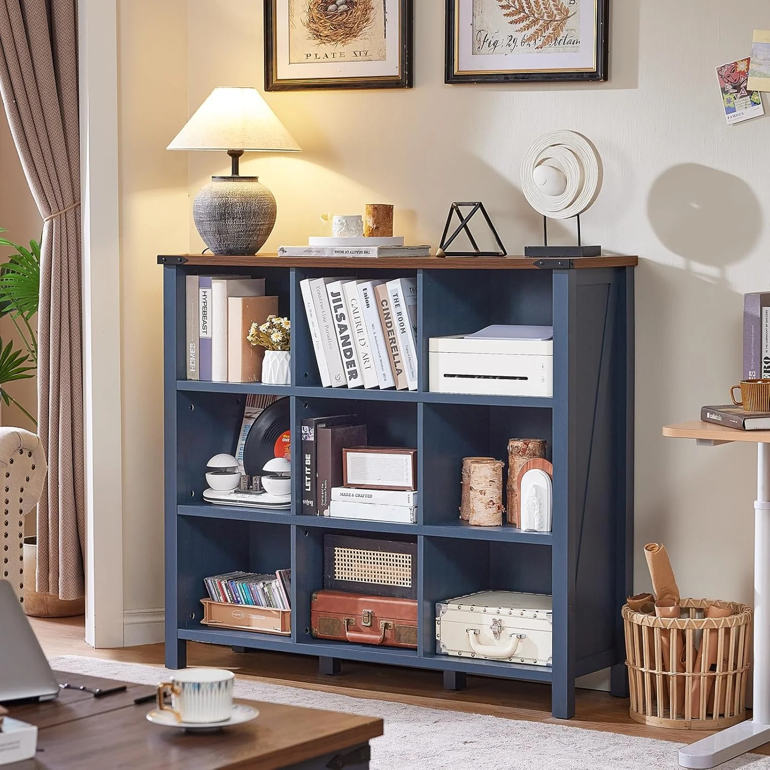 9 Cube Bookcase, Farmhouse 47 Inch Wide Navy Blue Bookshelf, Wooden 3 Tier Display Large Open Book Shelf, Vintage Horizontal Book Case for Home Office, Cubby Storage Cabinet for Living Room(9 Cube (13.6 "D x 47.24 "W x 42.2"H)/Navy Blue) - Image 2