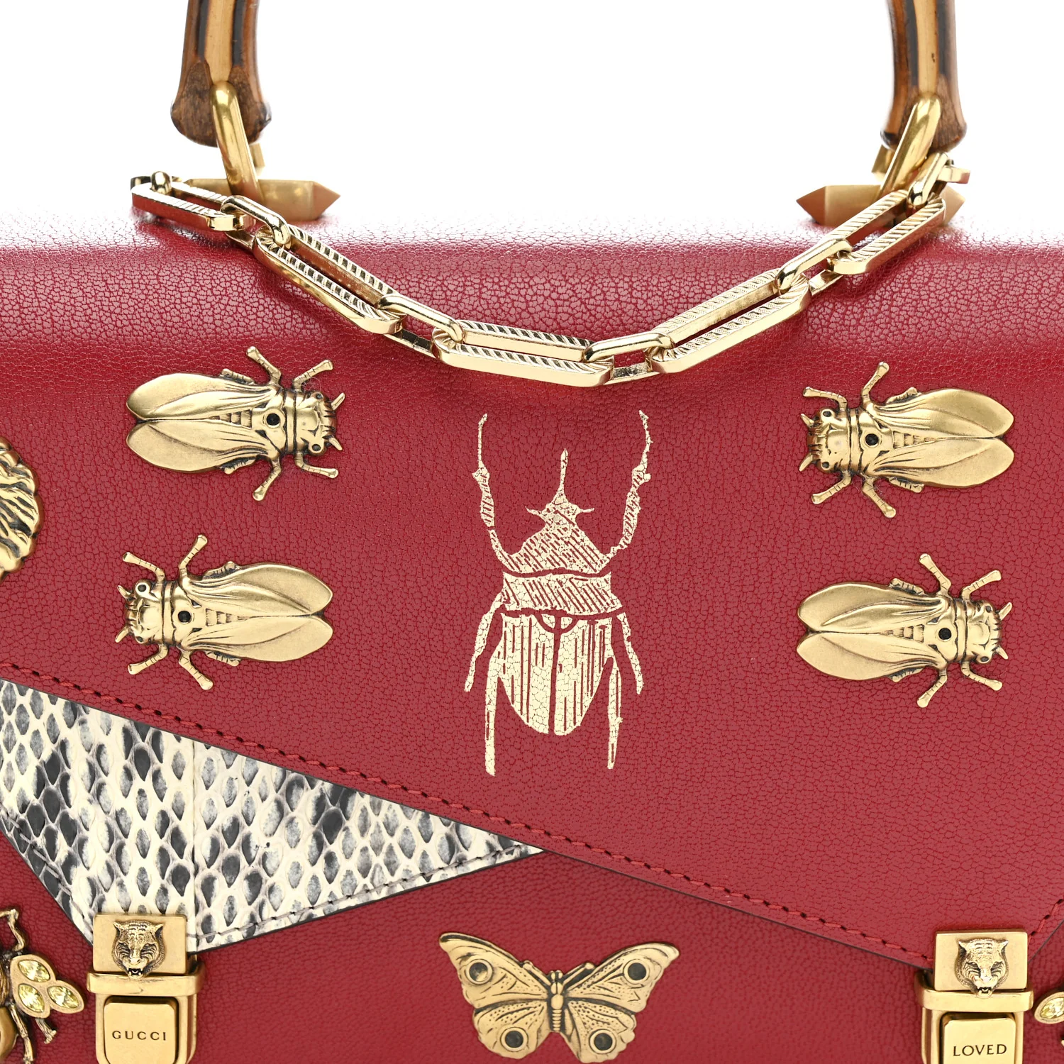 Calfskin Snakeskin Studded Small Ottilia Top Handle Bag Hibiscus Red