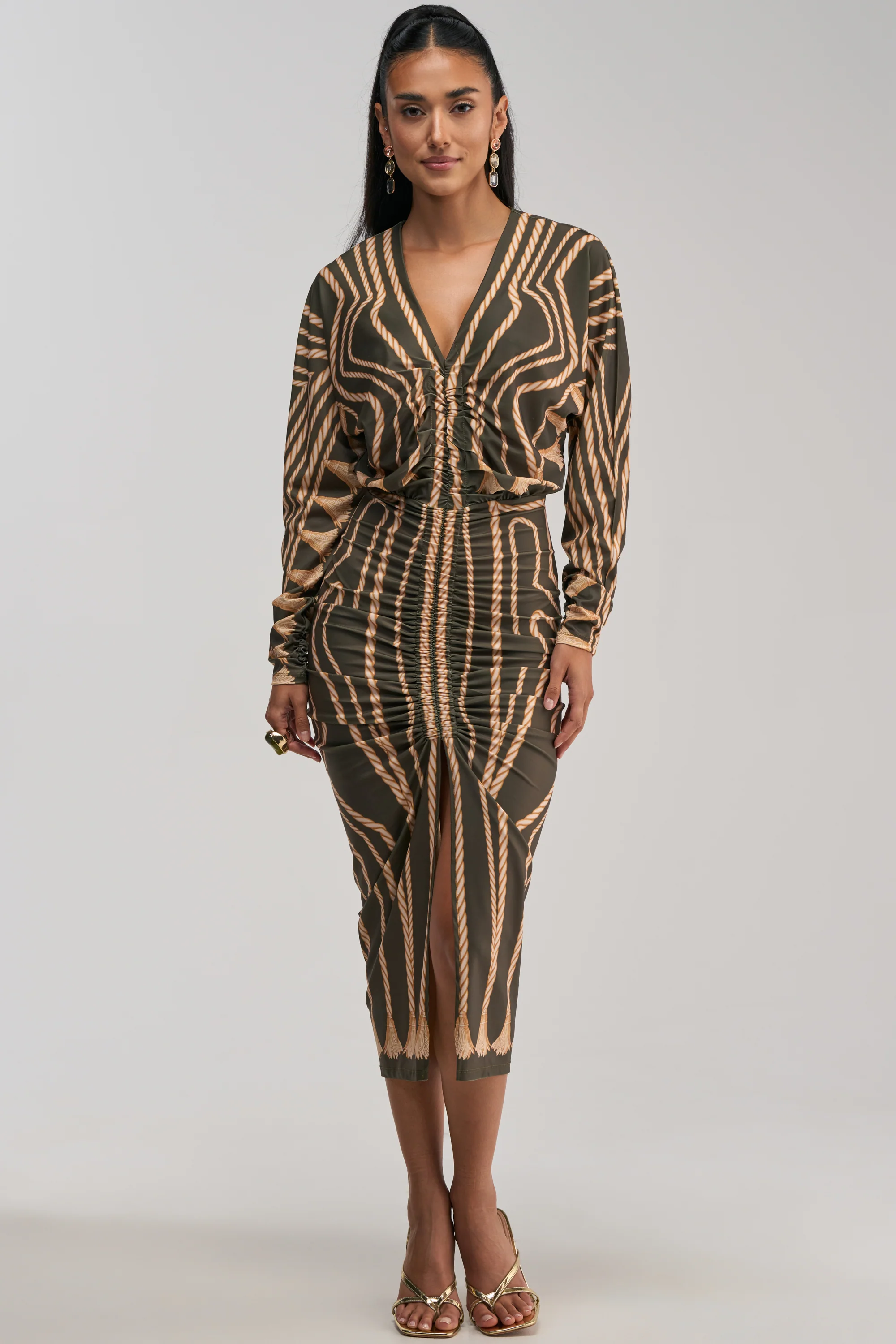 RESERVATIONS ONLY PRINTED MIDI DRESS IN OLIVE - Akira Store