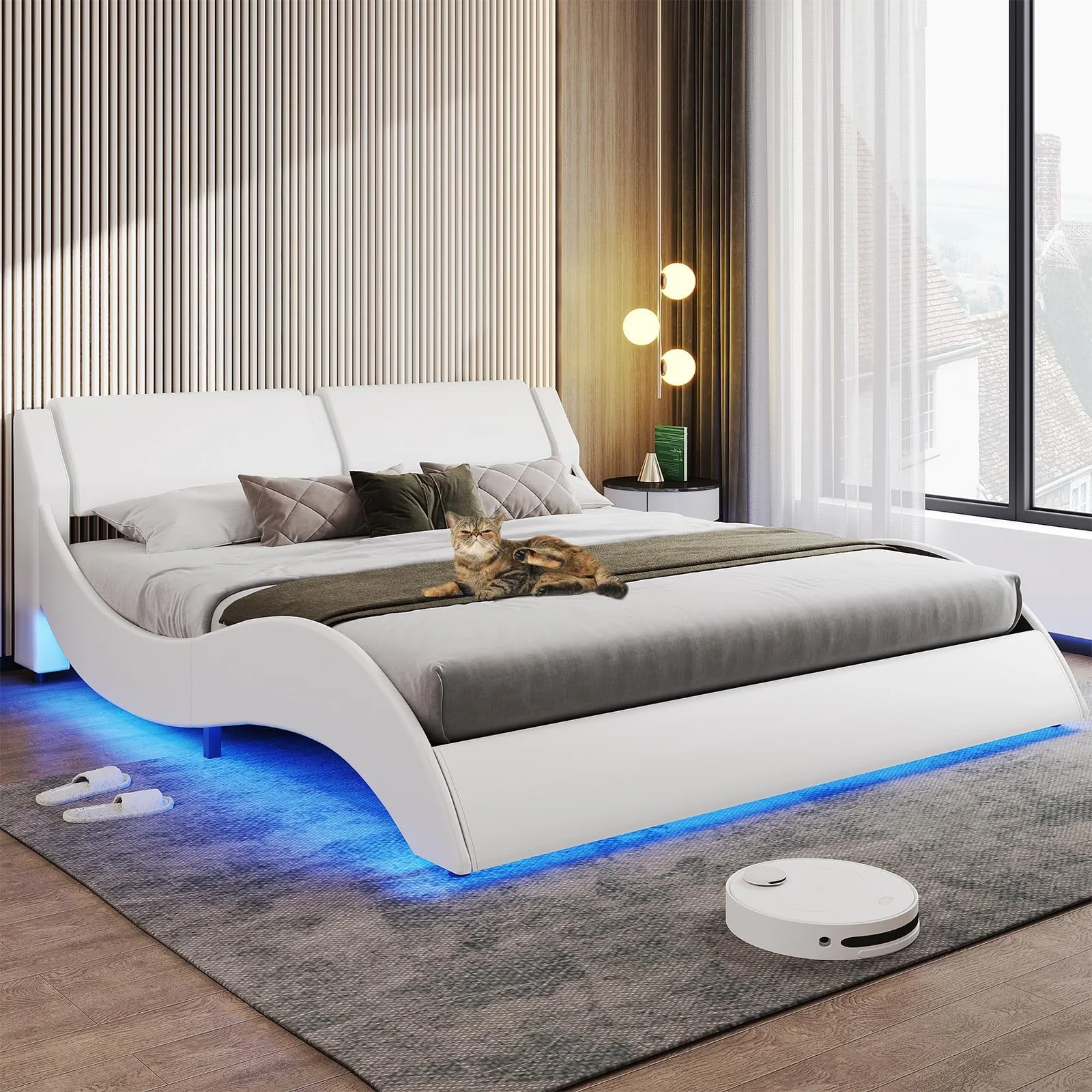 Queen Size Bed Frame with LED Lights,Modern Platform Bed Frame with Upholstered Headboard,Faux Leather Wave Like Low Profile Bed Frame,No Box Spring Needed,Black(Full Black) Image 6