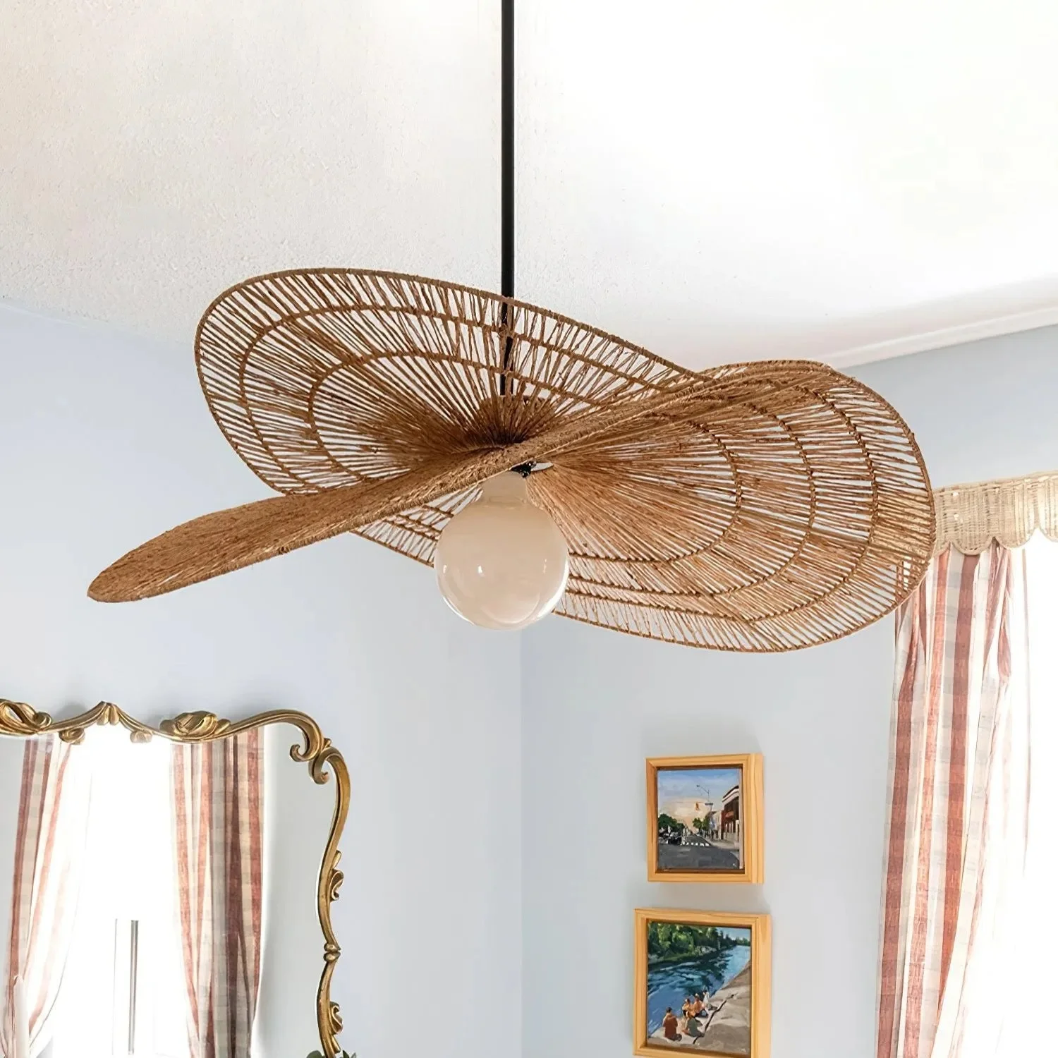 Arturesthome Vintage Handmade Rattan Woven Creative Double-Layer Straw Hat Pendant Light