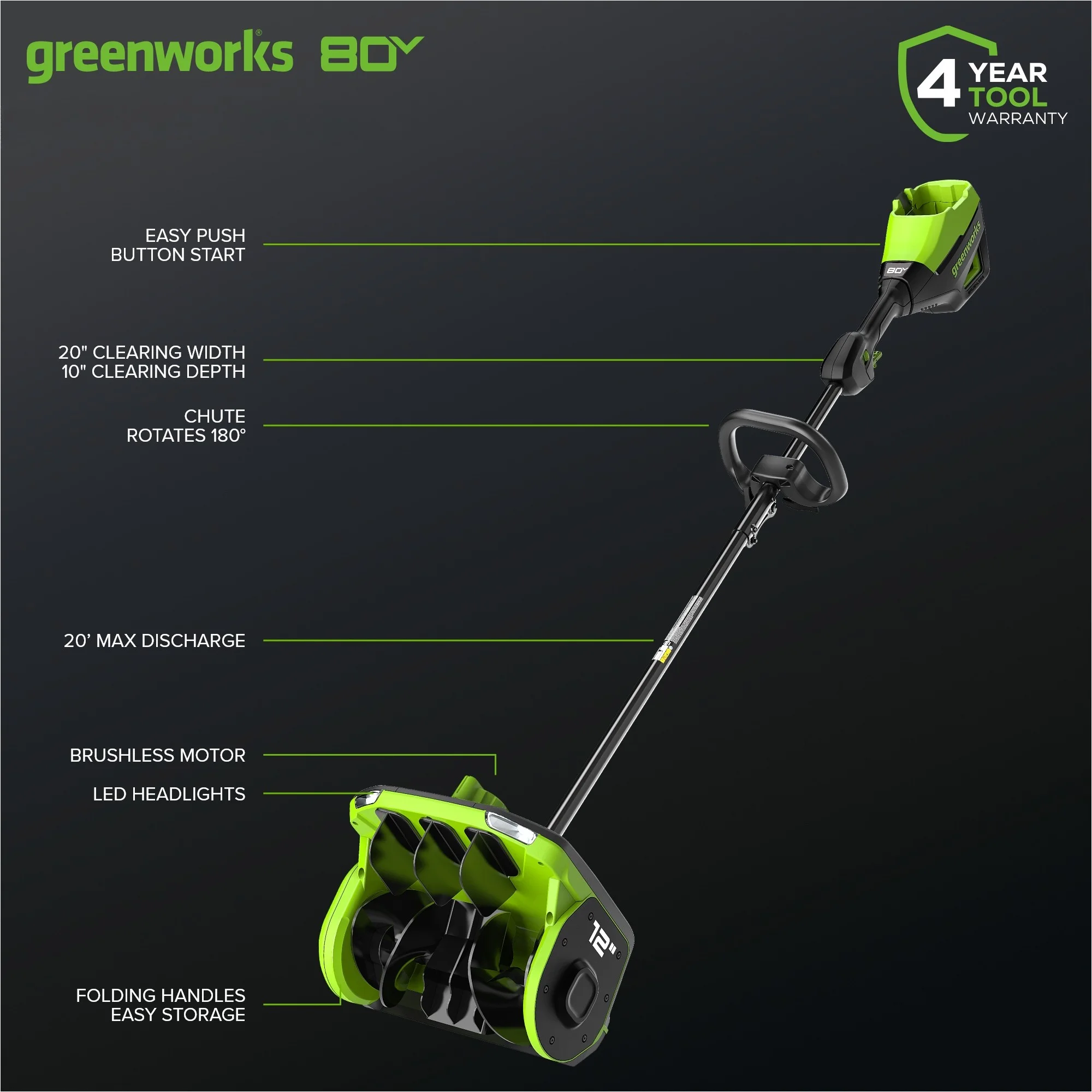Open Box 80V 12" Cordless Battery LED Snow Shovel with Directional Vanes, 4.0Ah Battery and Charger - Image 2