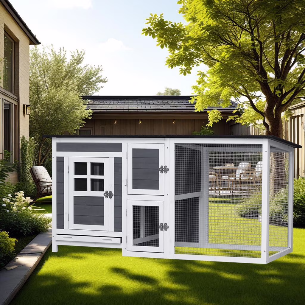 Chicken Coop with Run Wooden Cage, Outdoor Indoor Chicken Rabbit Small Animal House