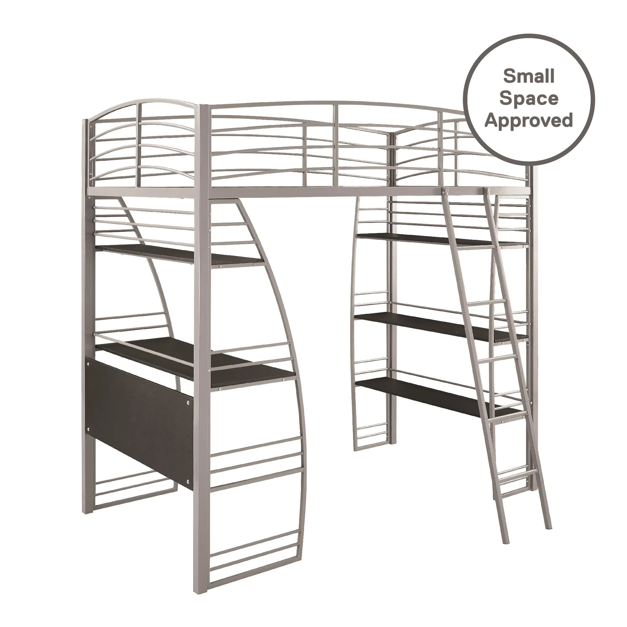 DHP Sage Studio Twin Metal Loft Bed with Integrated Desk and Shelves, Off White