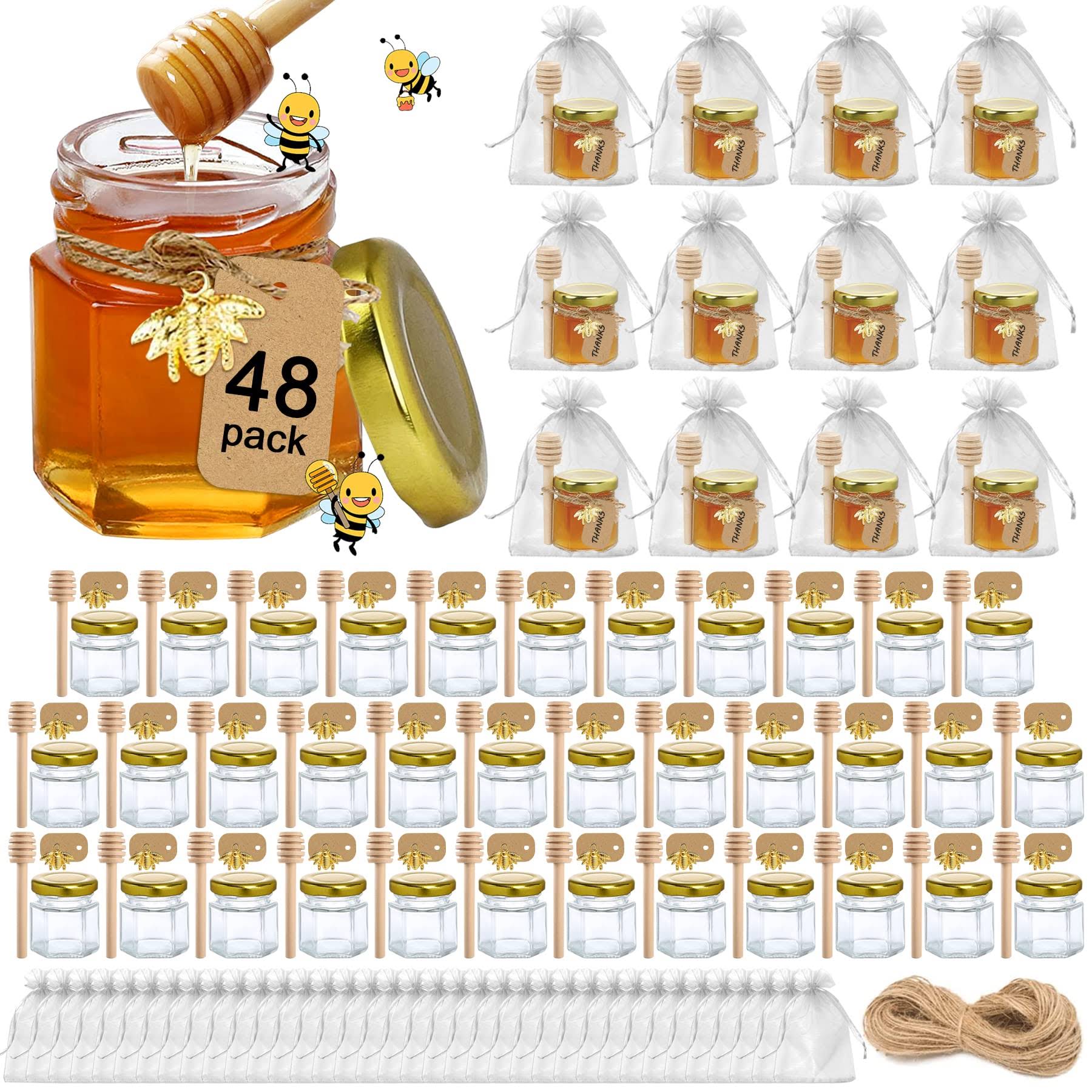 Aliggbent Honey Jars,48 Pack Mini Honey Jars Party Favors in Bulk, 15 oz Hexagon Small Glass Honey Jars with Dipper, Gold Lids, Cute Bee Pendants, Gif