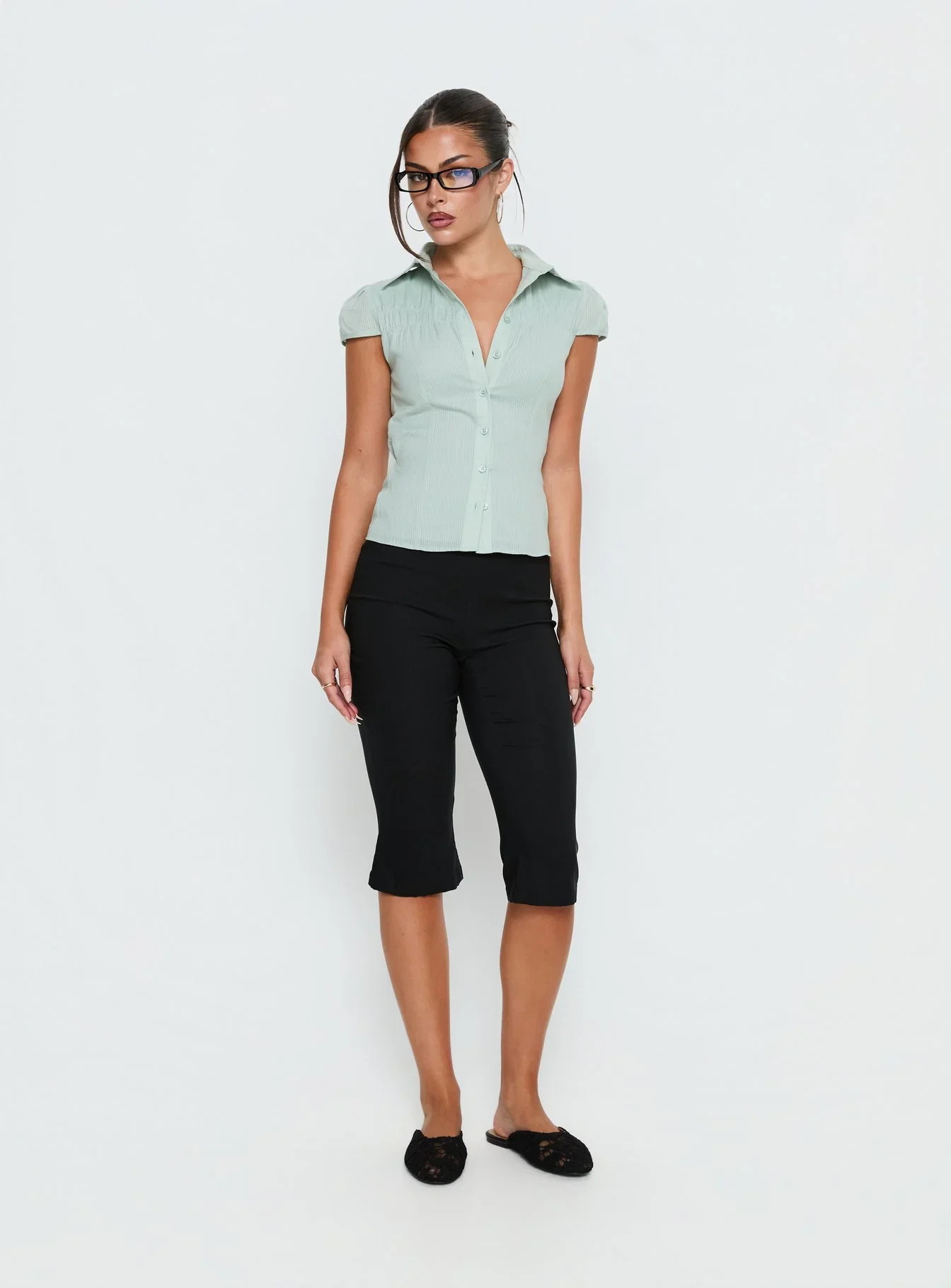Adulation Ruched Detail Short Sleeve Shirt Green