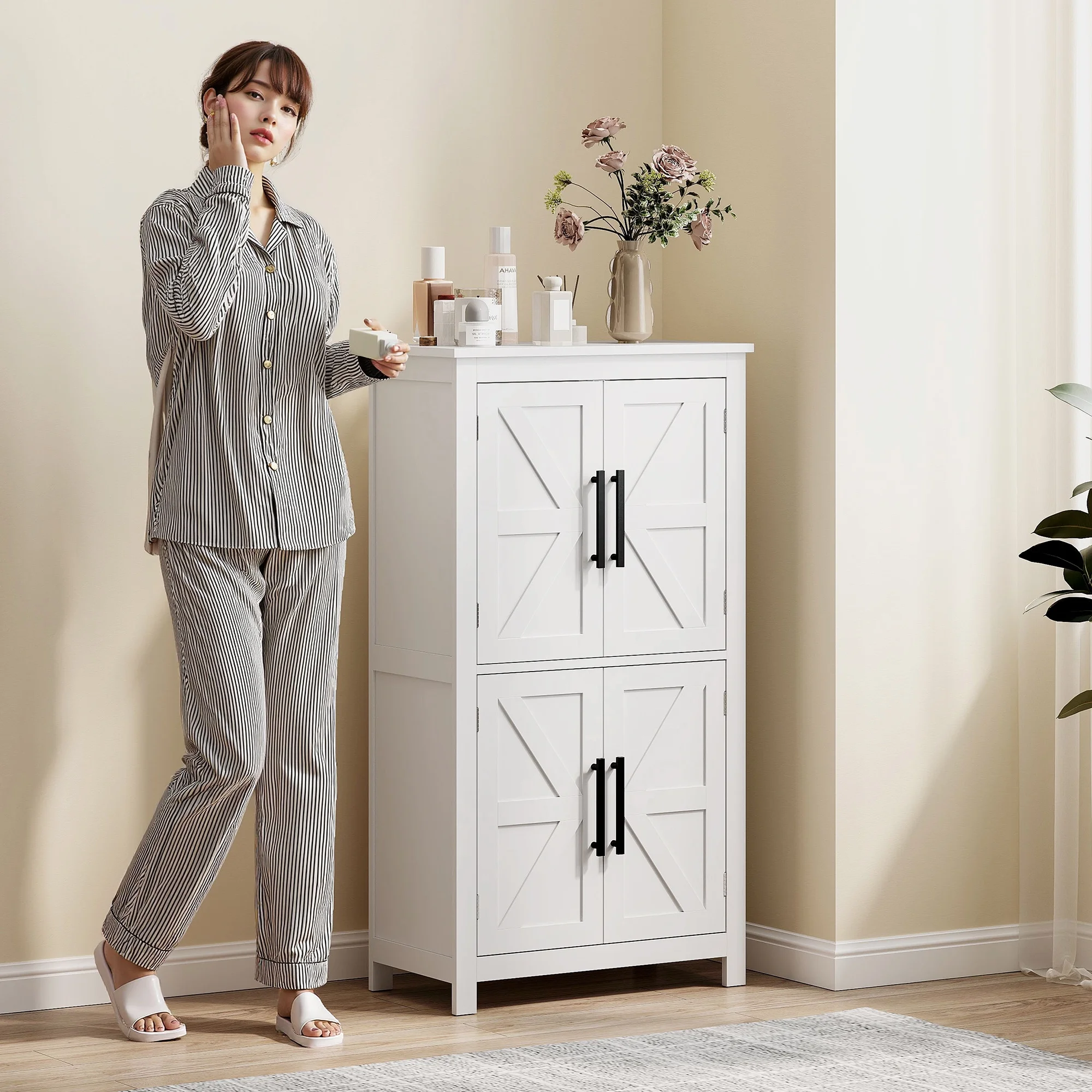 Bathroom Floor Cabinet, Farmhouse Bathroom Cabinet with Doors, White - Image 7