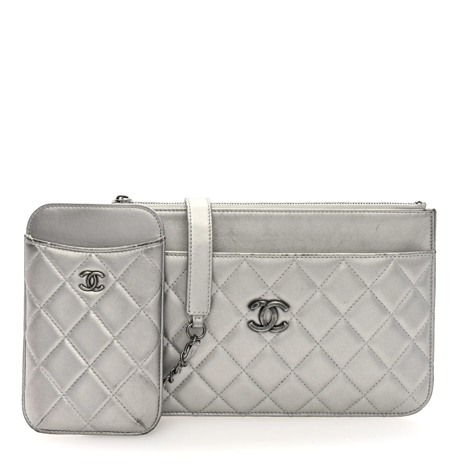 Metallic Lambskin Quilted Clutch With Chain Silver