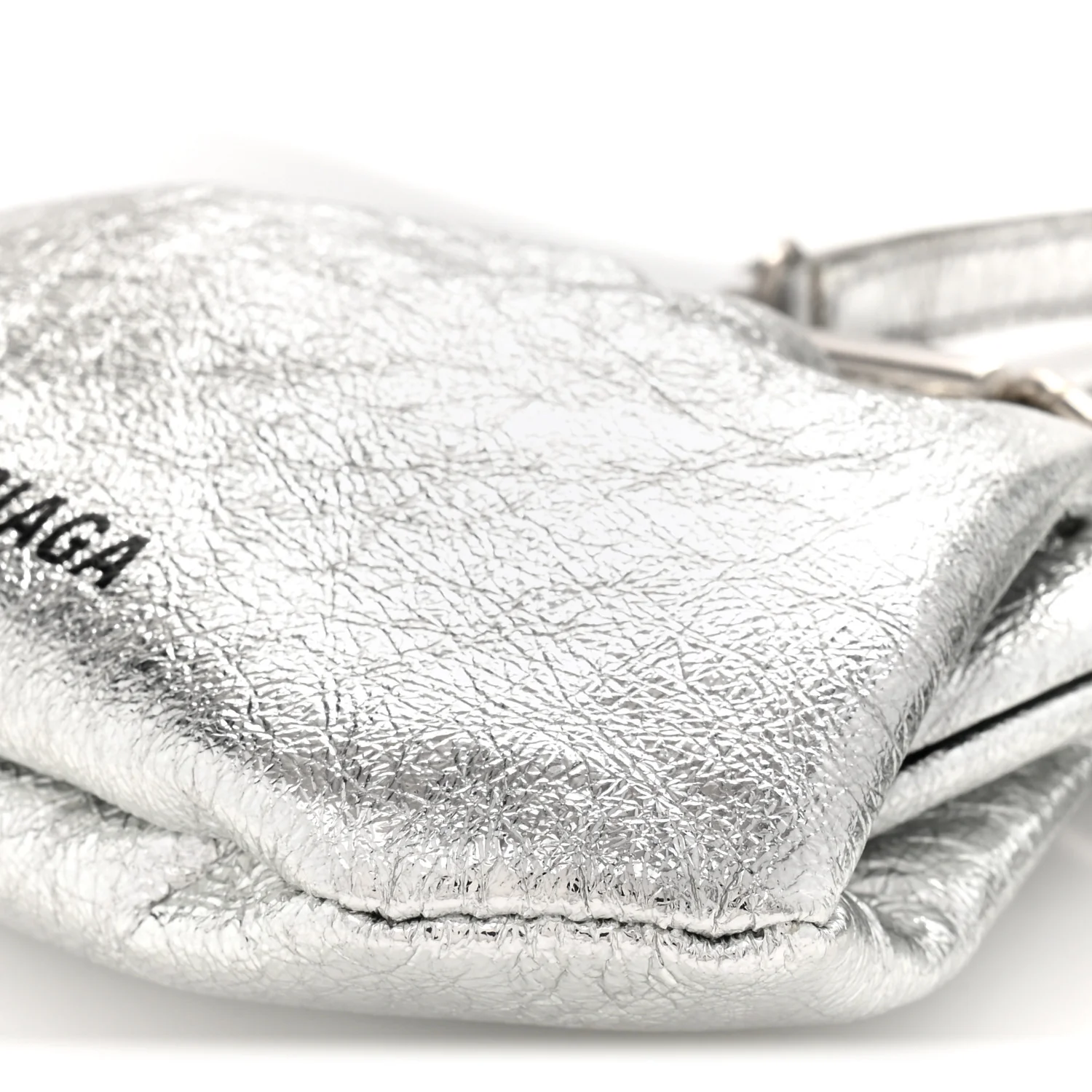 Metallic Textured Calfskin Logo Cloud Coin Purse With Strap Silver