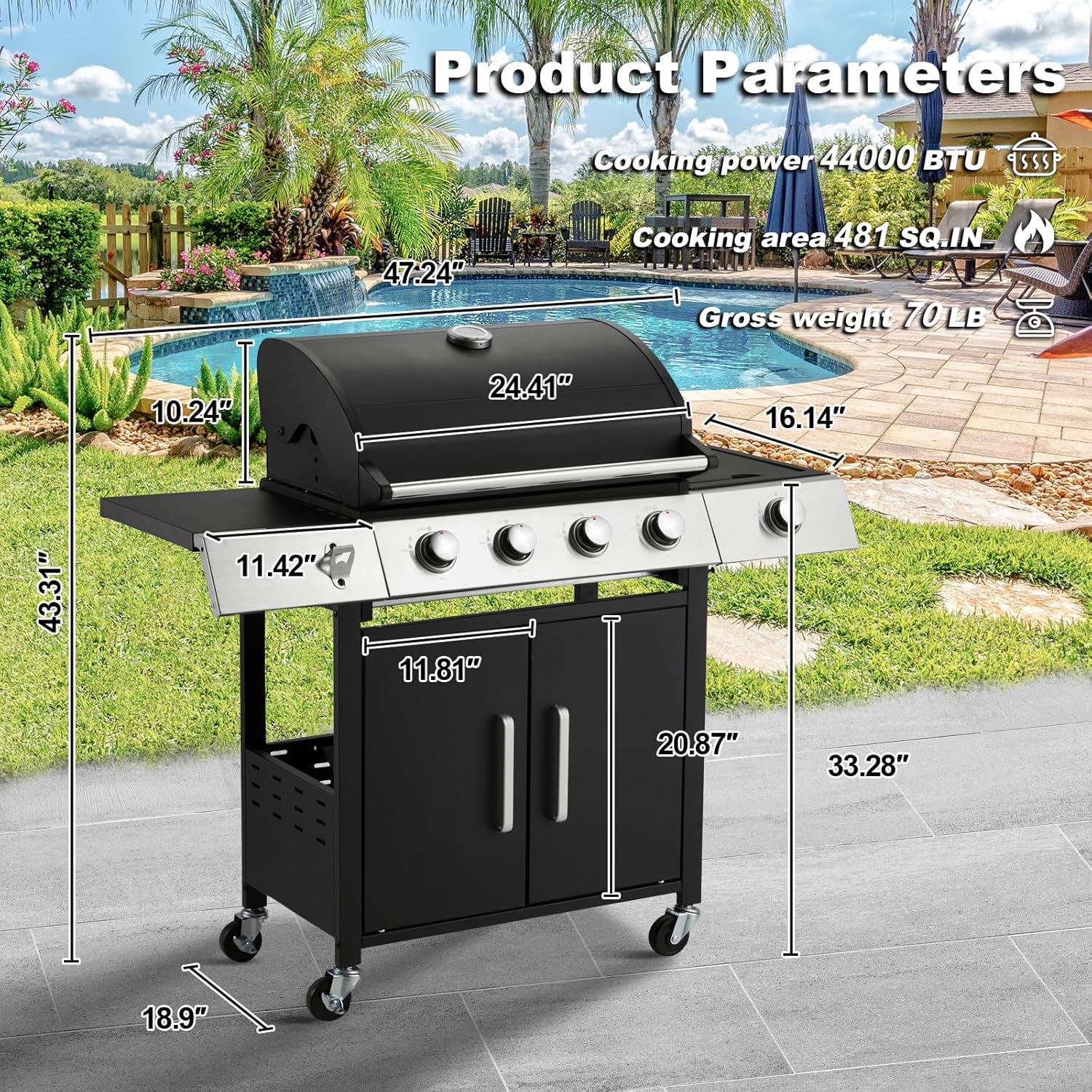 Upgraded 4 Burner Bbq Propane Gas Grill with Cast Iron Grates & Side Stove, 44,000 btu Stainless Steel Burner Barbecue Grill for Patio,…