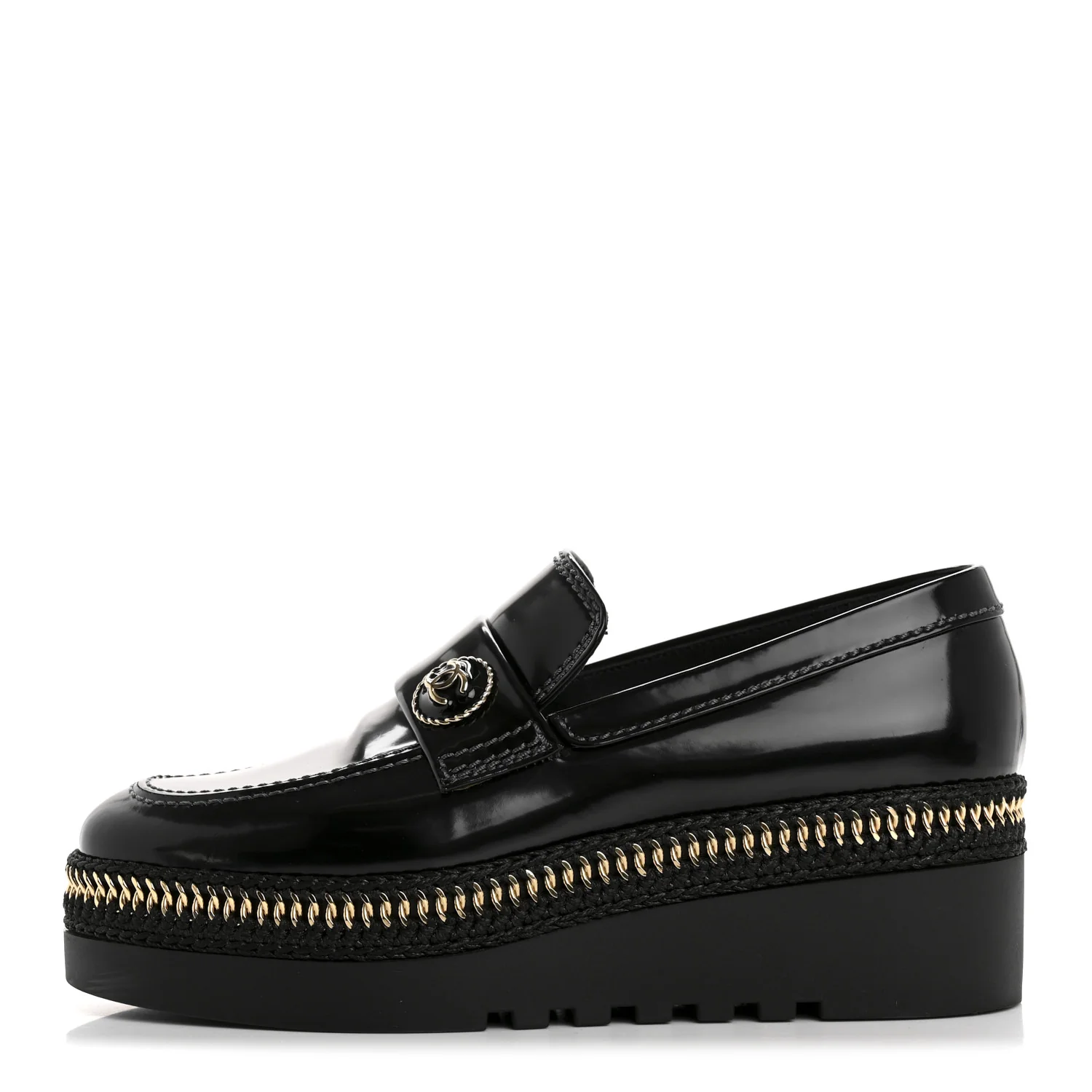 Shiny Calfskin Platform Loafers 37 Black
