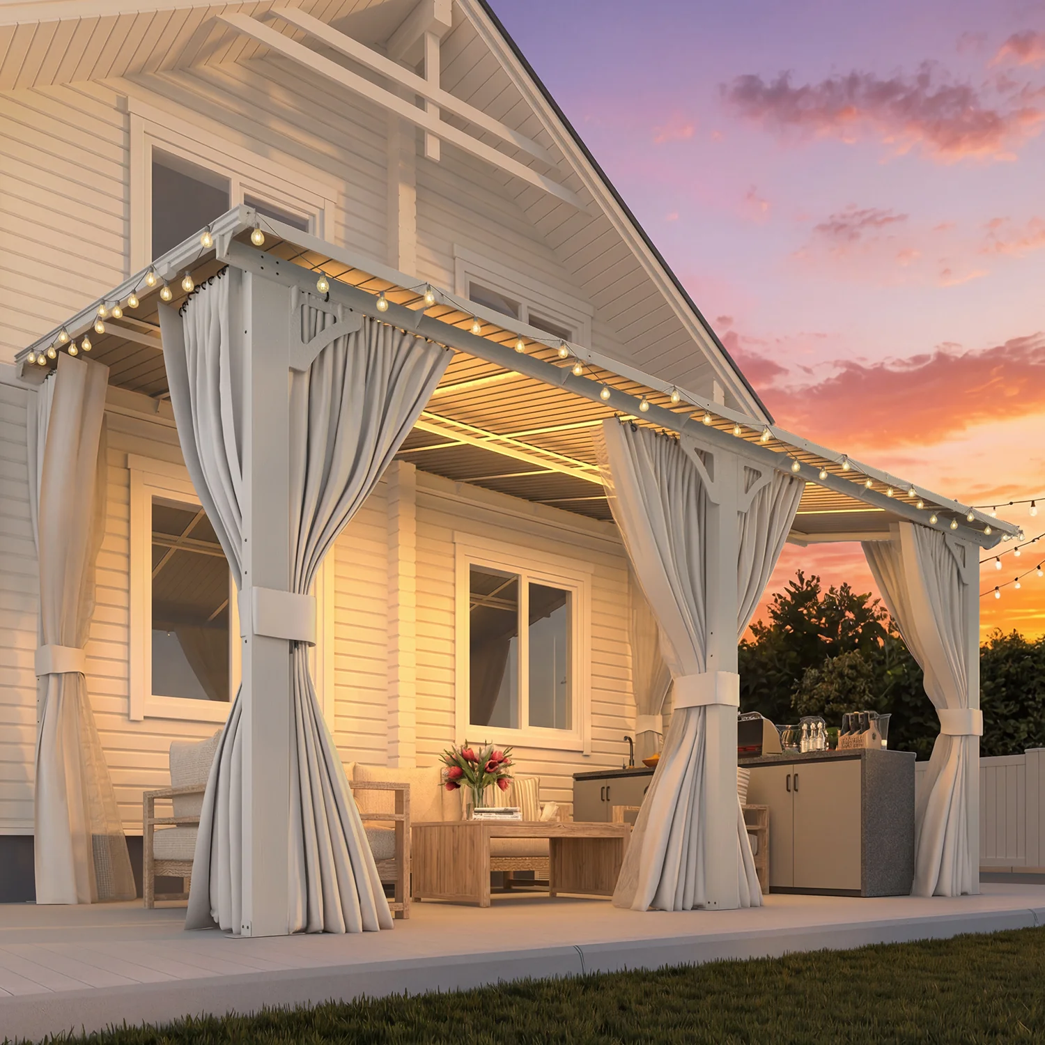 AECOJOY 14'x8' Wall Gazebo with Curtains and Mosquito Netting, White