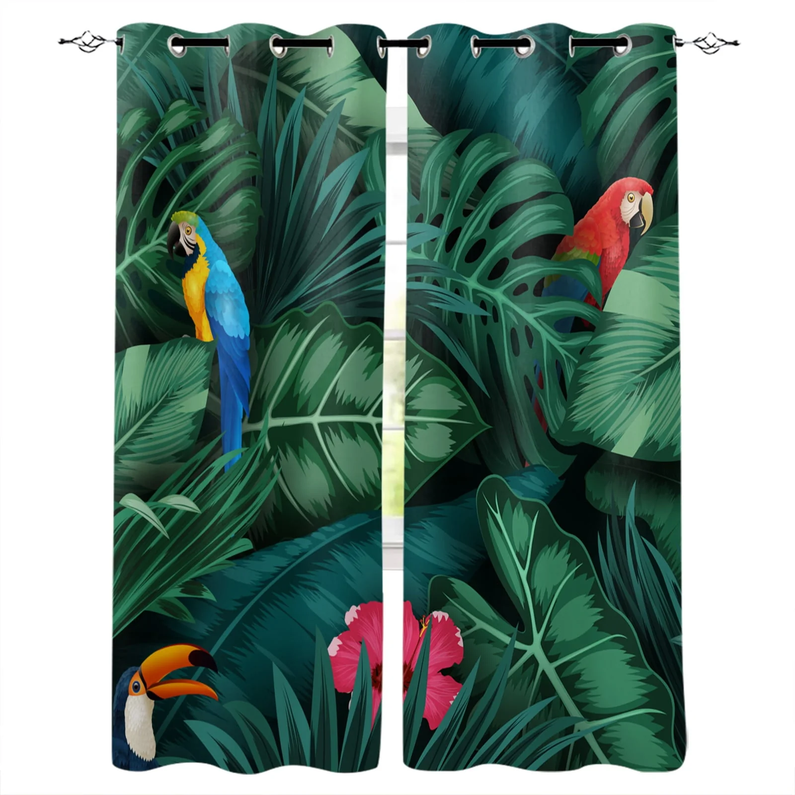 Animal Parrot Tropical Plant Green Leaf Curtains for Living Room Bedroom Window Treatment Blinds Finished Drapes Kitchen Curtain