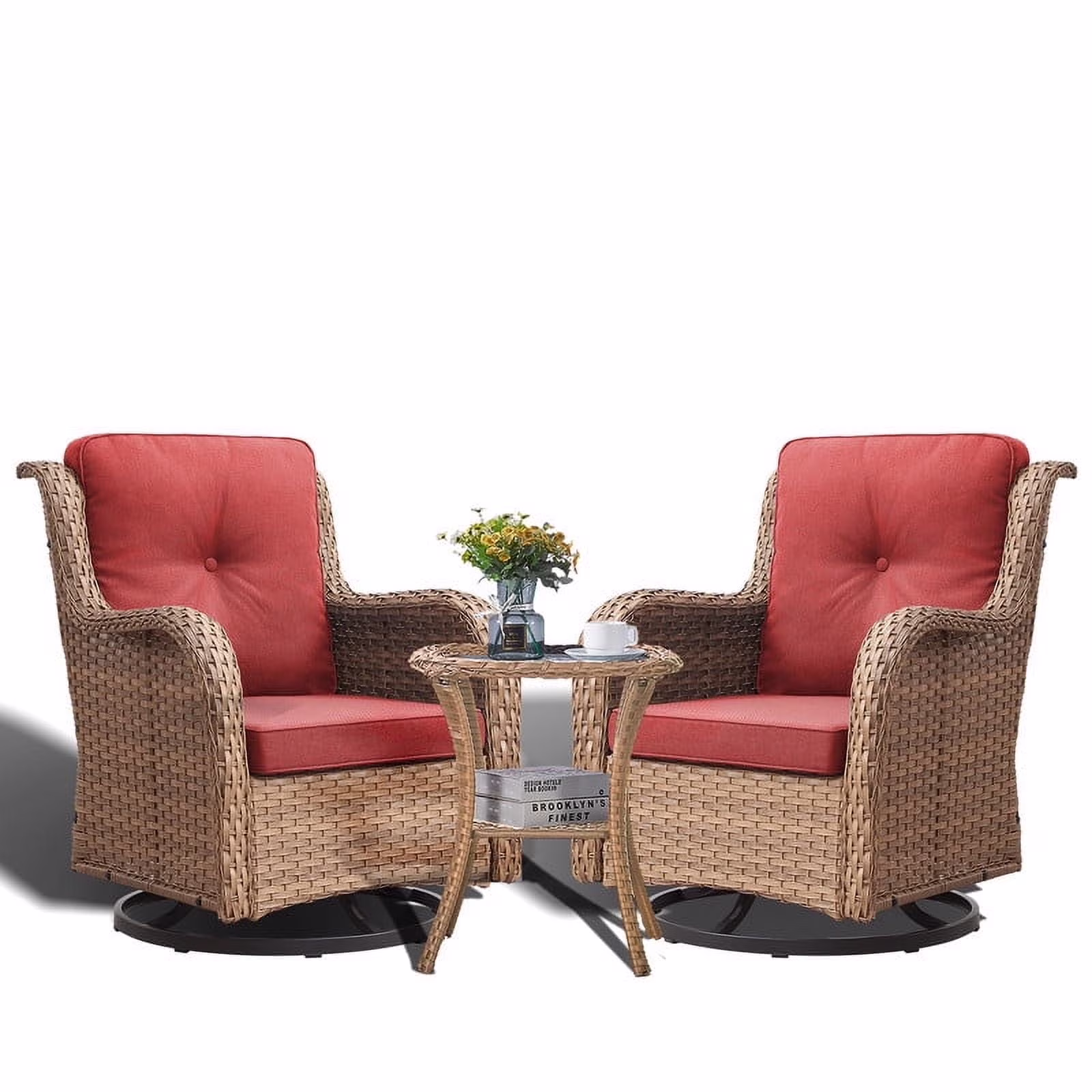 3 Piece Patio Set Outdoor Wicker Glider Rocking and Swivel Chairs with Cushions(Yellow/Beige) - Image 9
