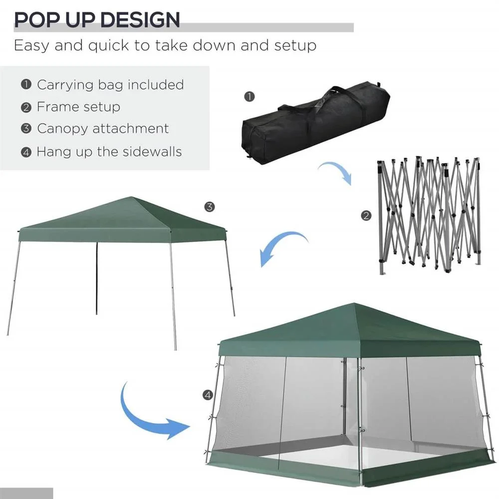 GVN Backyard Garden Canopy, Camping Canopy Screen Tent,Slant Leg Pop Up Canopy Tent with Netting and Carry Bag, Instant Sun Shelter, (11.5'x11.5' Base / 10'x10' Top), Green