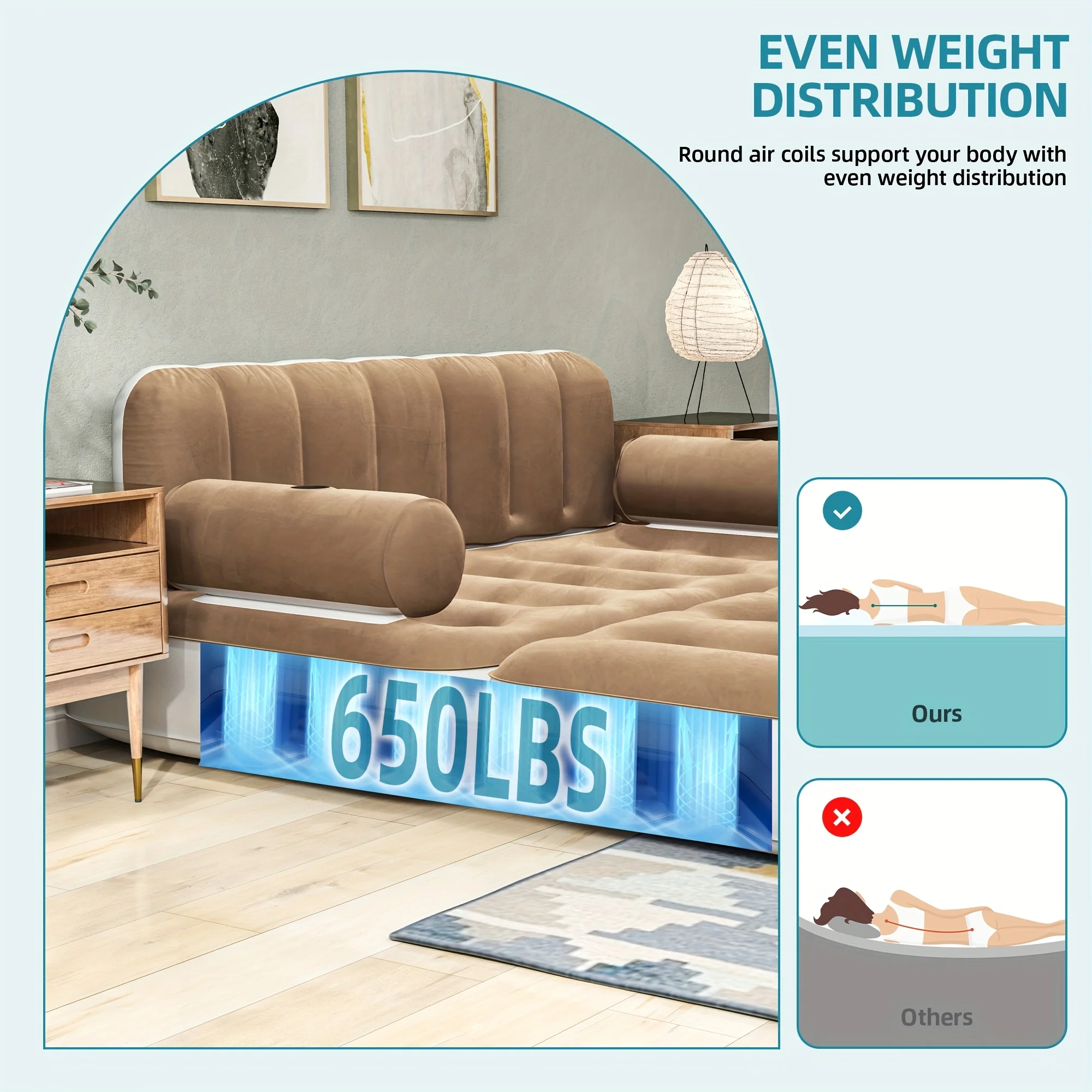 Inflatable Air Sofa Bed 2-in-1 Backrest Couch Airbed With Headboard And Pump Convertible Blow Up Bed Mattress For Home, Camping, And Guests, Living Room Furniture, Queen Size(Black+gray) - Image 9