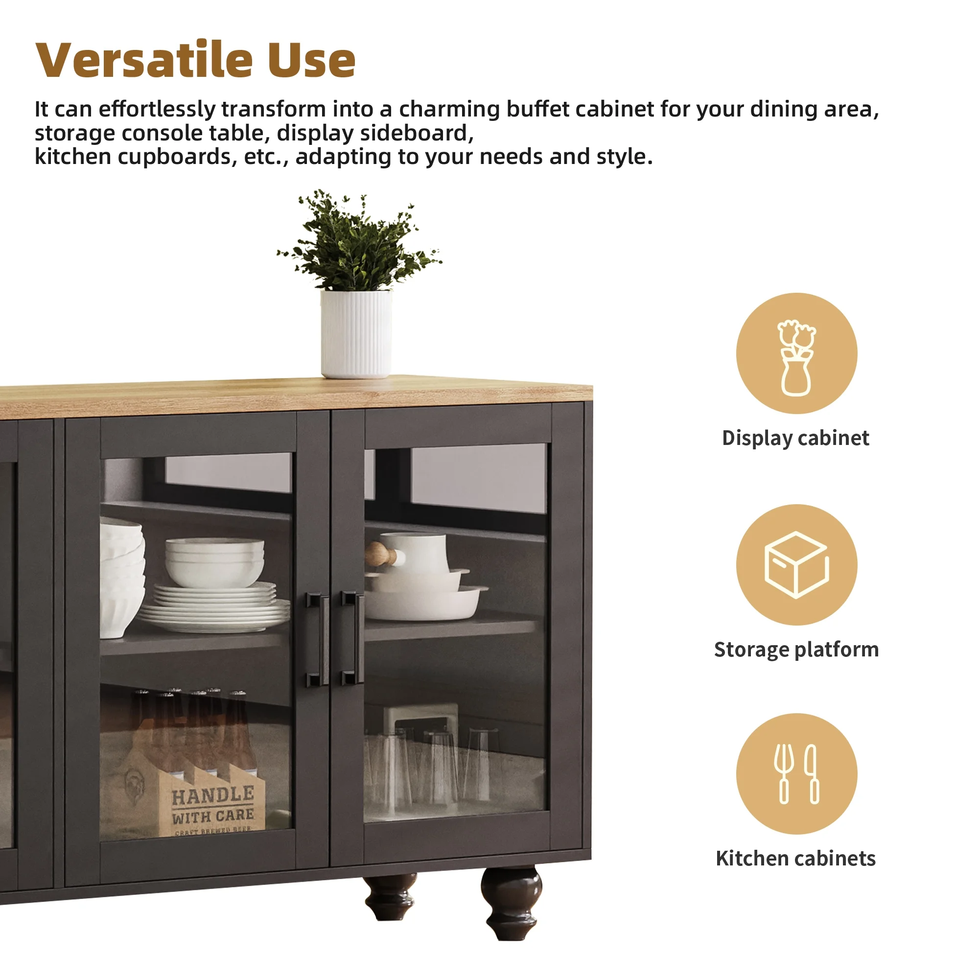 110" Entertainment Center Wall Unit Set with Glass Display Cabinets, Adjustable Shelves Vintage TV Stand for TVs up to 85", Farmhouse Style Media Console with Storage, Gourd Legs(Black+TV Stand+Bookshelves) - Image 8